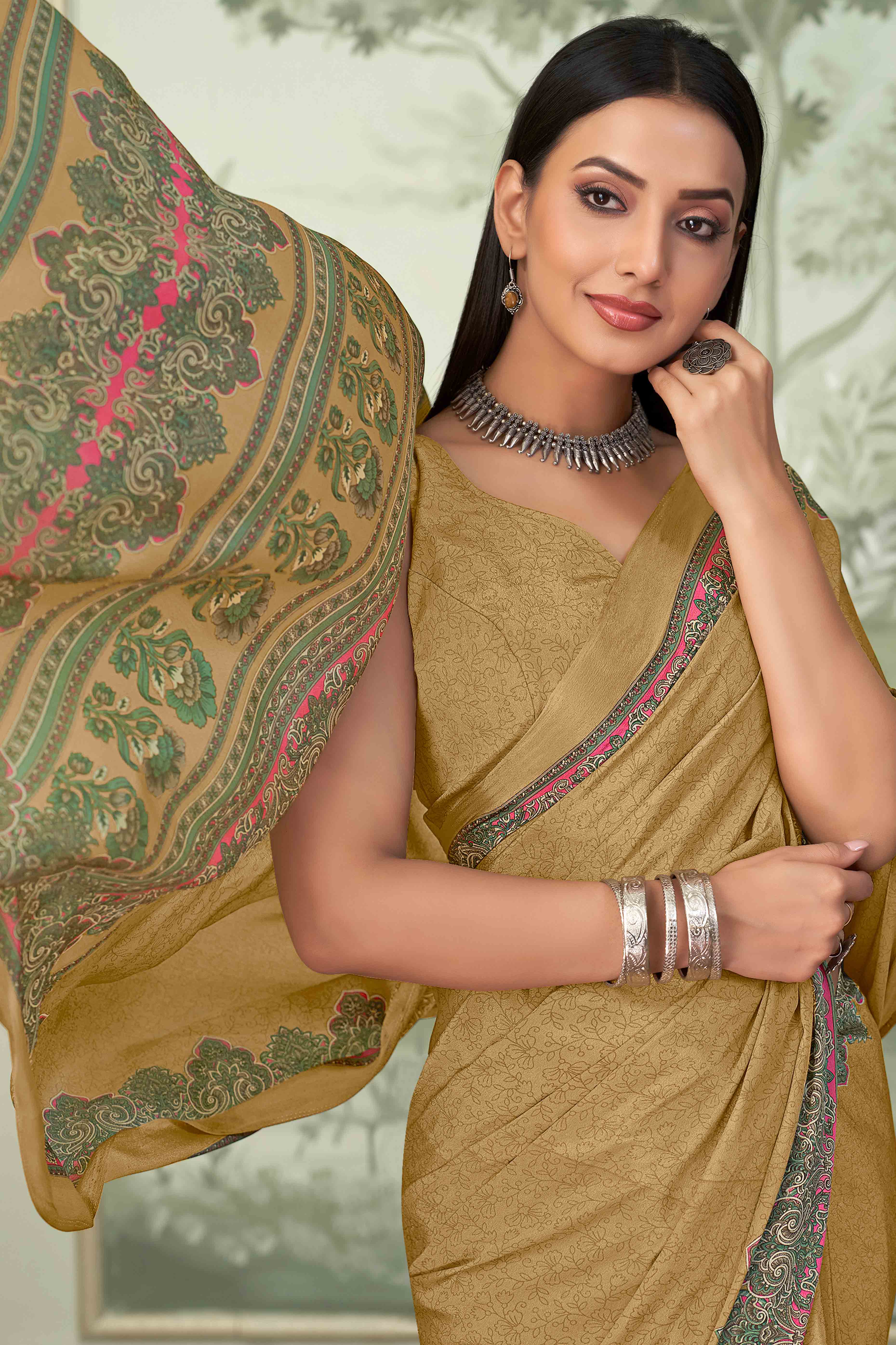 Dark Mustard Floral Printed Crepe Silk Saree