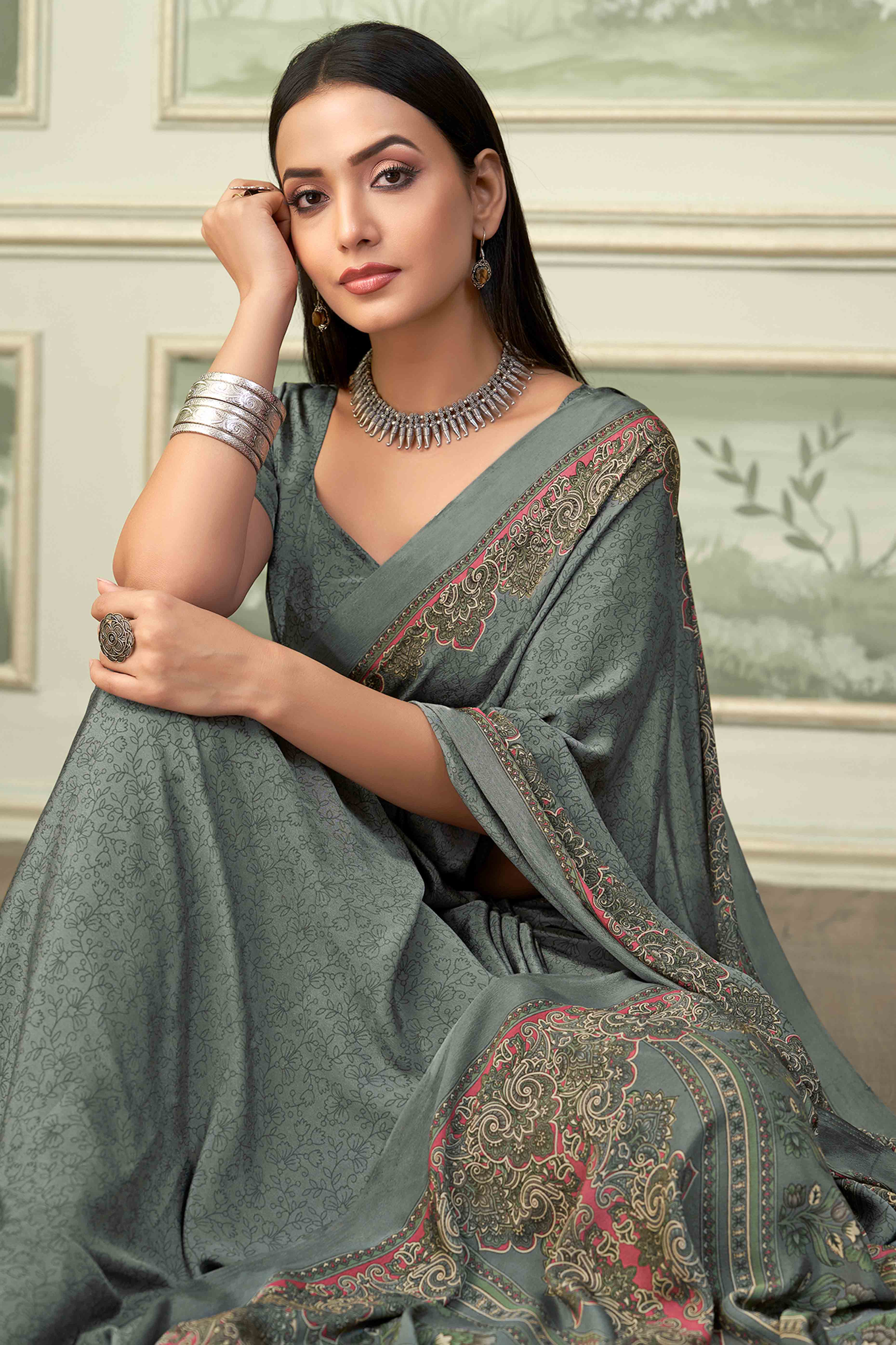 Grey Floral Printed Crepe Silk Saree