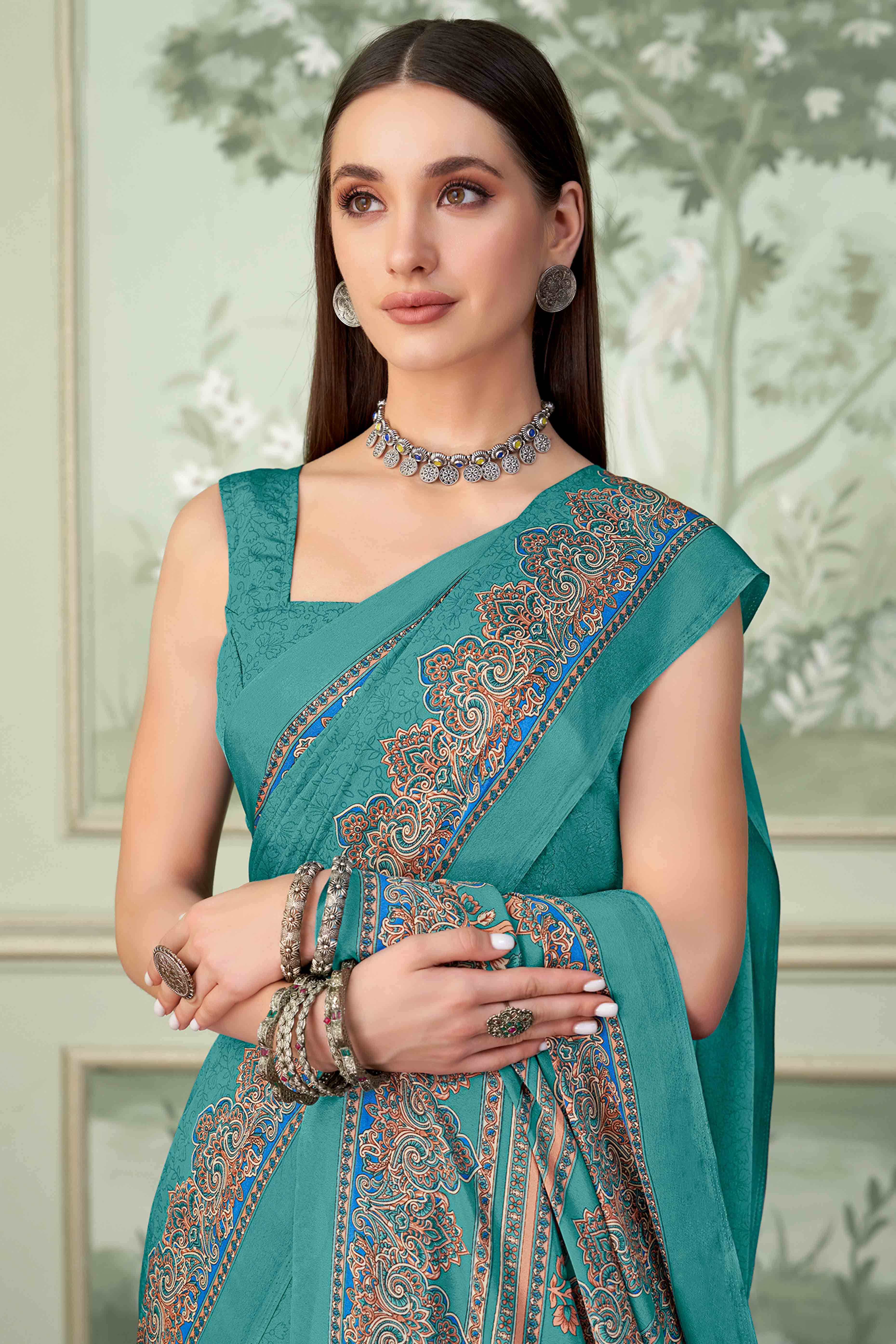 Turquoise Floral Printed Crepe Silk Saree