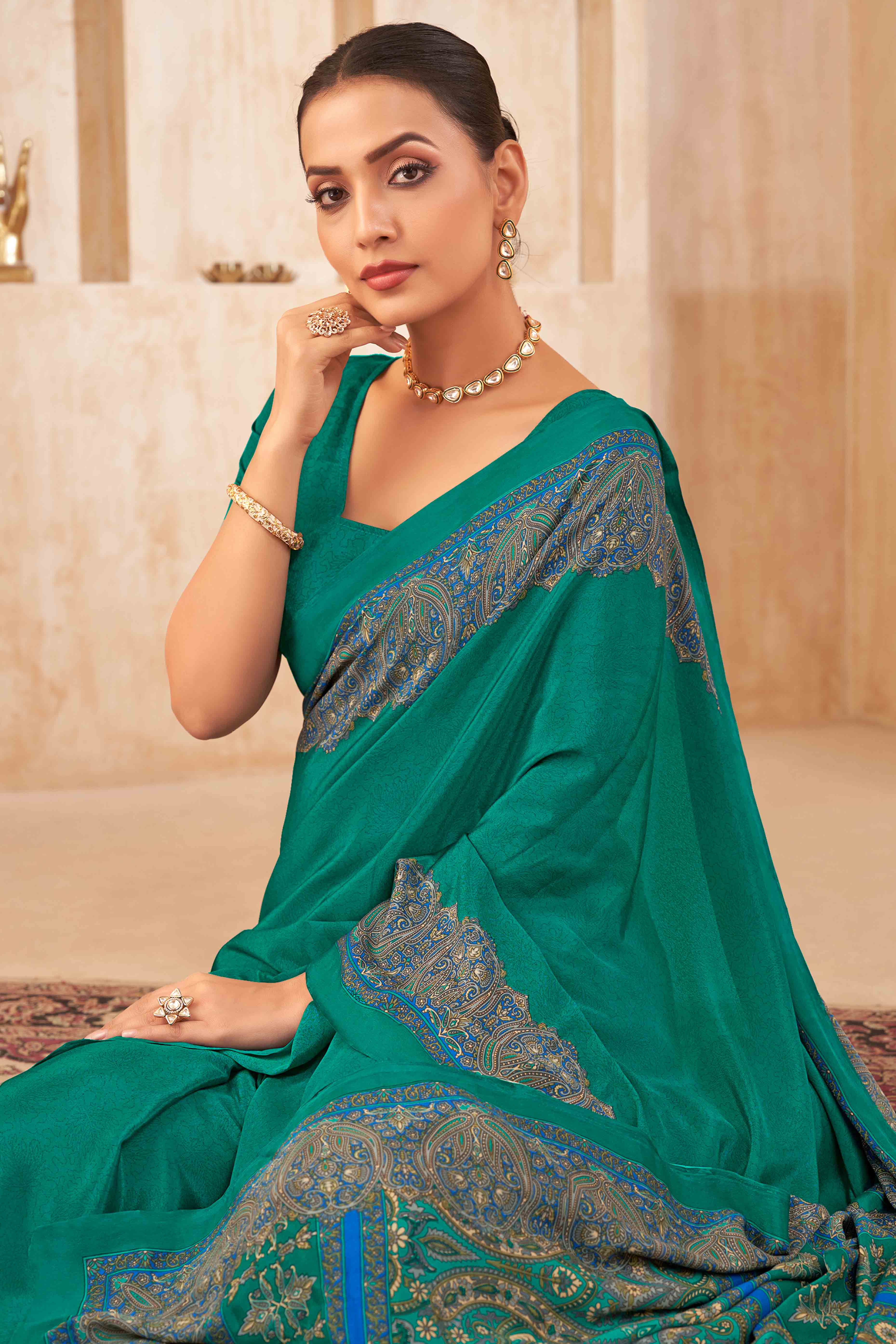 Rama Green Floral Printed Crepe Silk Saree