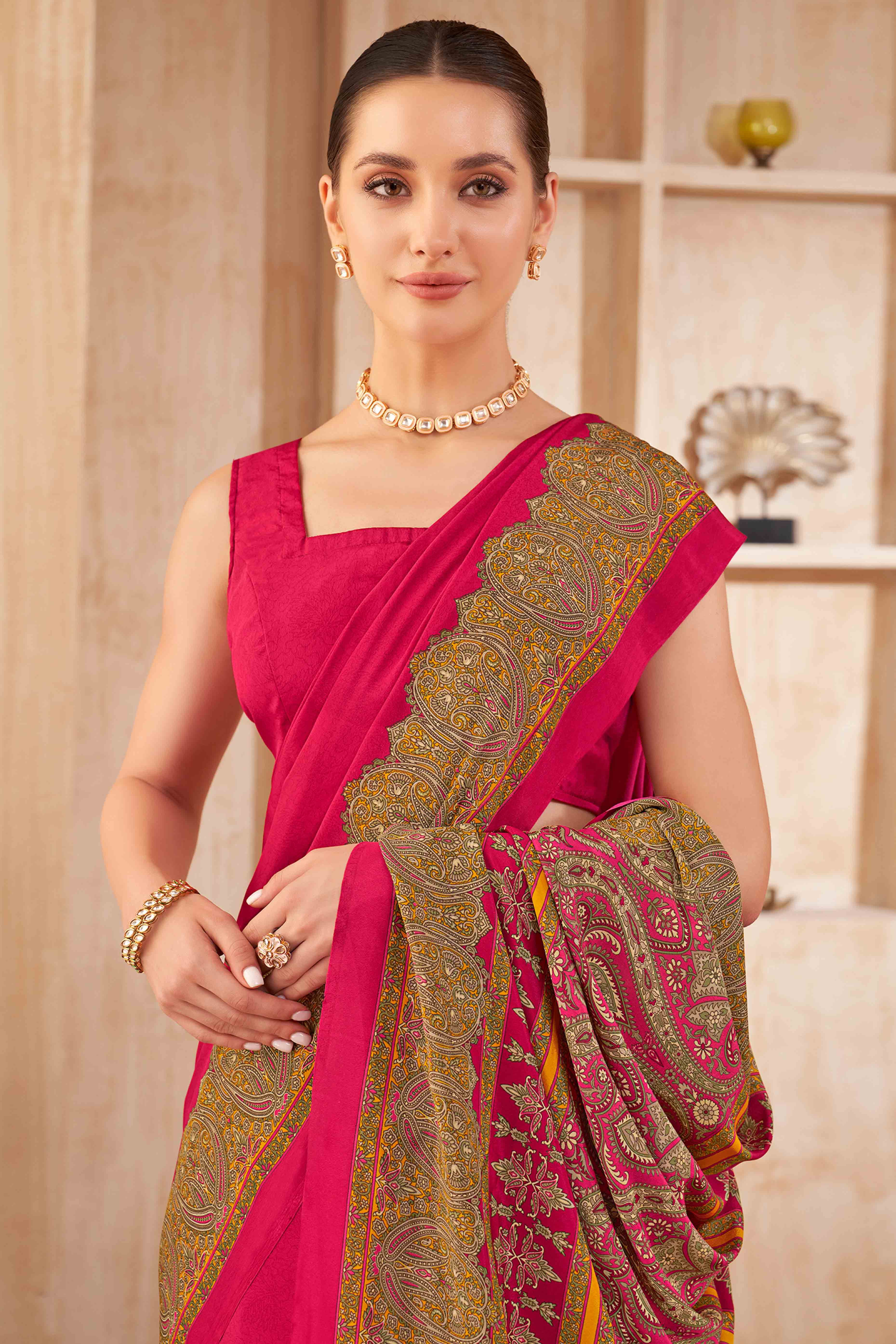 Pink Floral Printed Crepe Silk Saree
