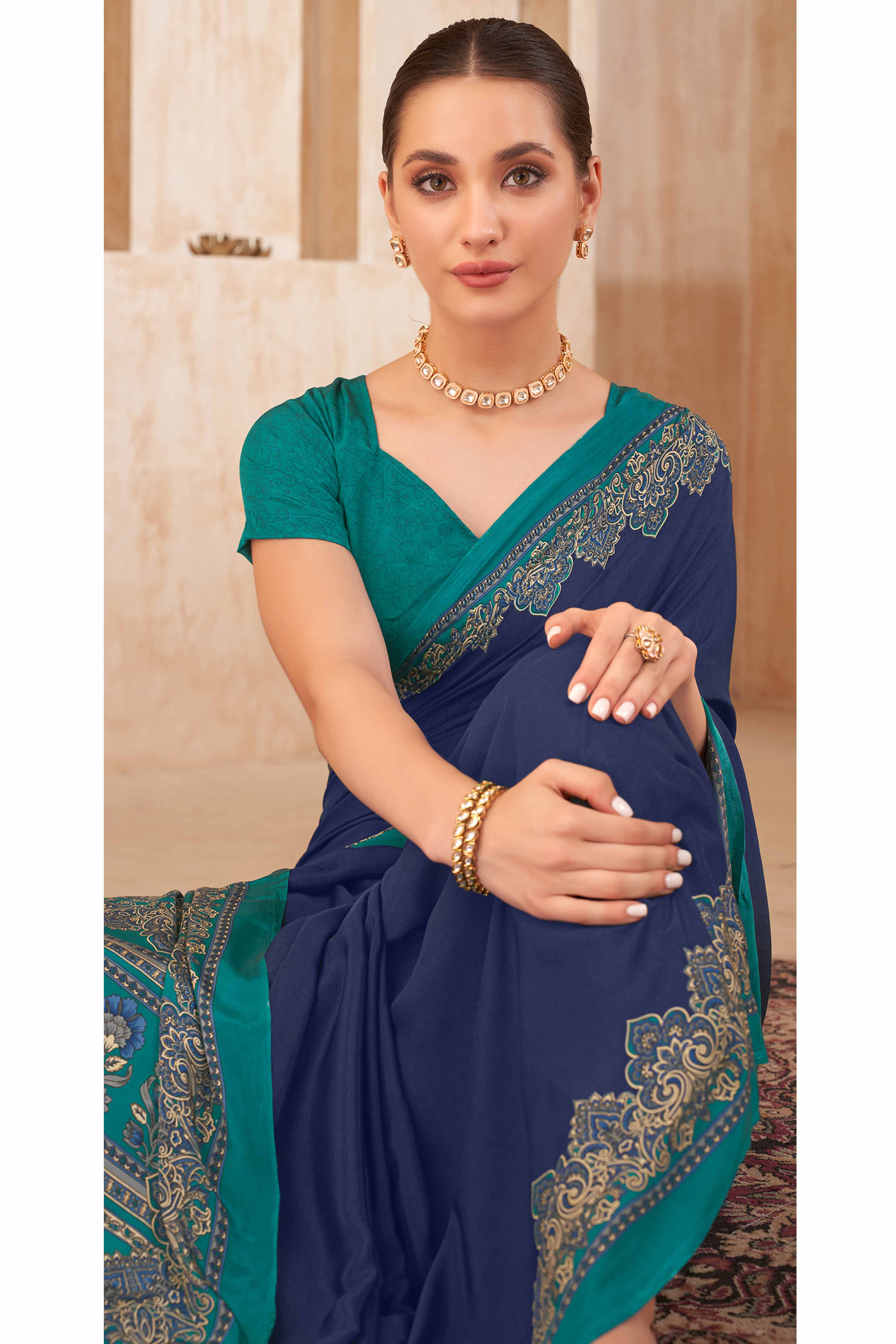 Navy Blue Floral Printed Crepe Silk Saree