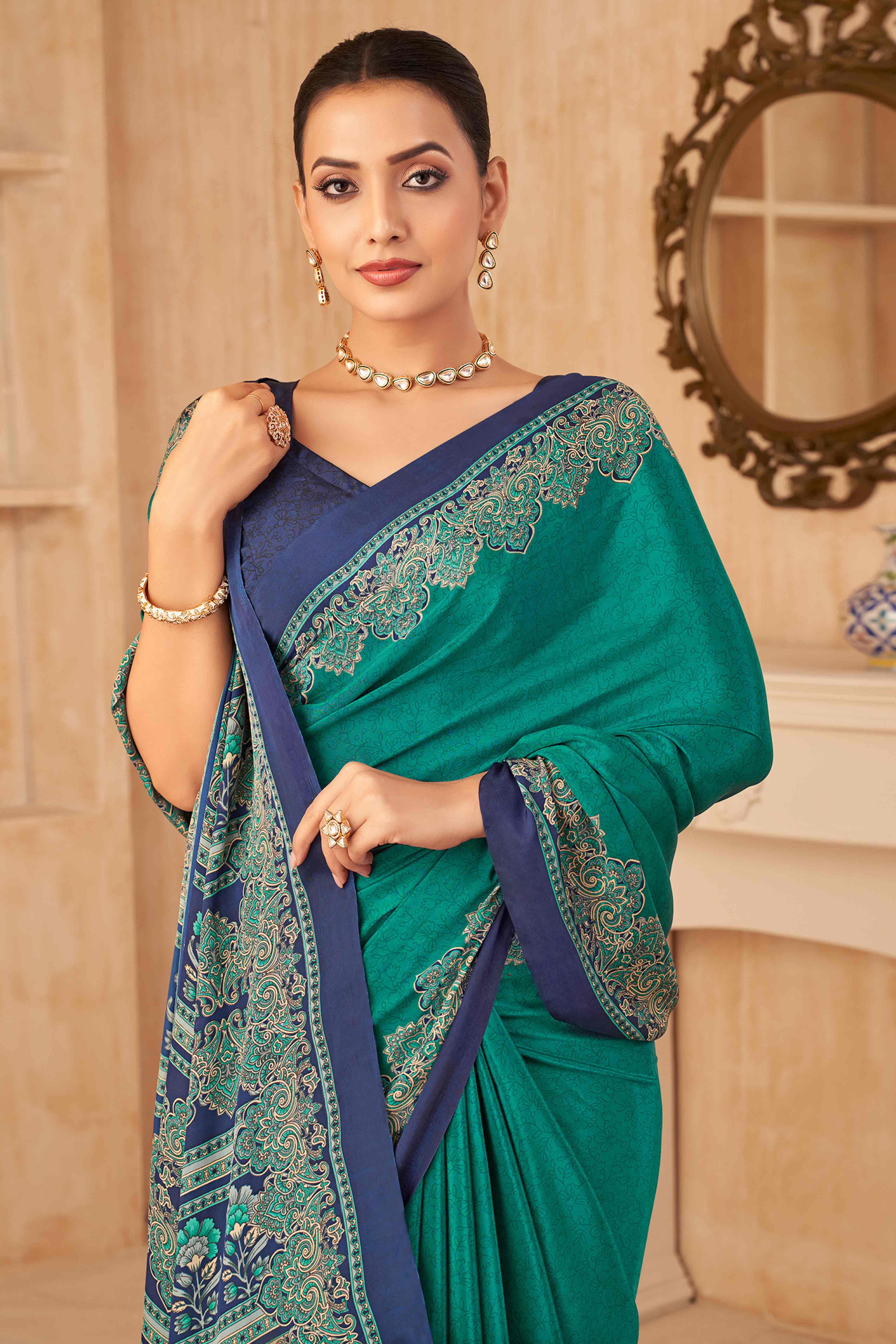 Rama Green Floral Printed Crepe Silk Saree