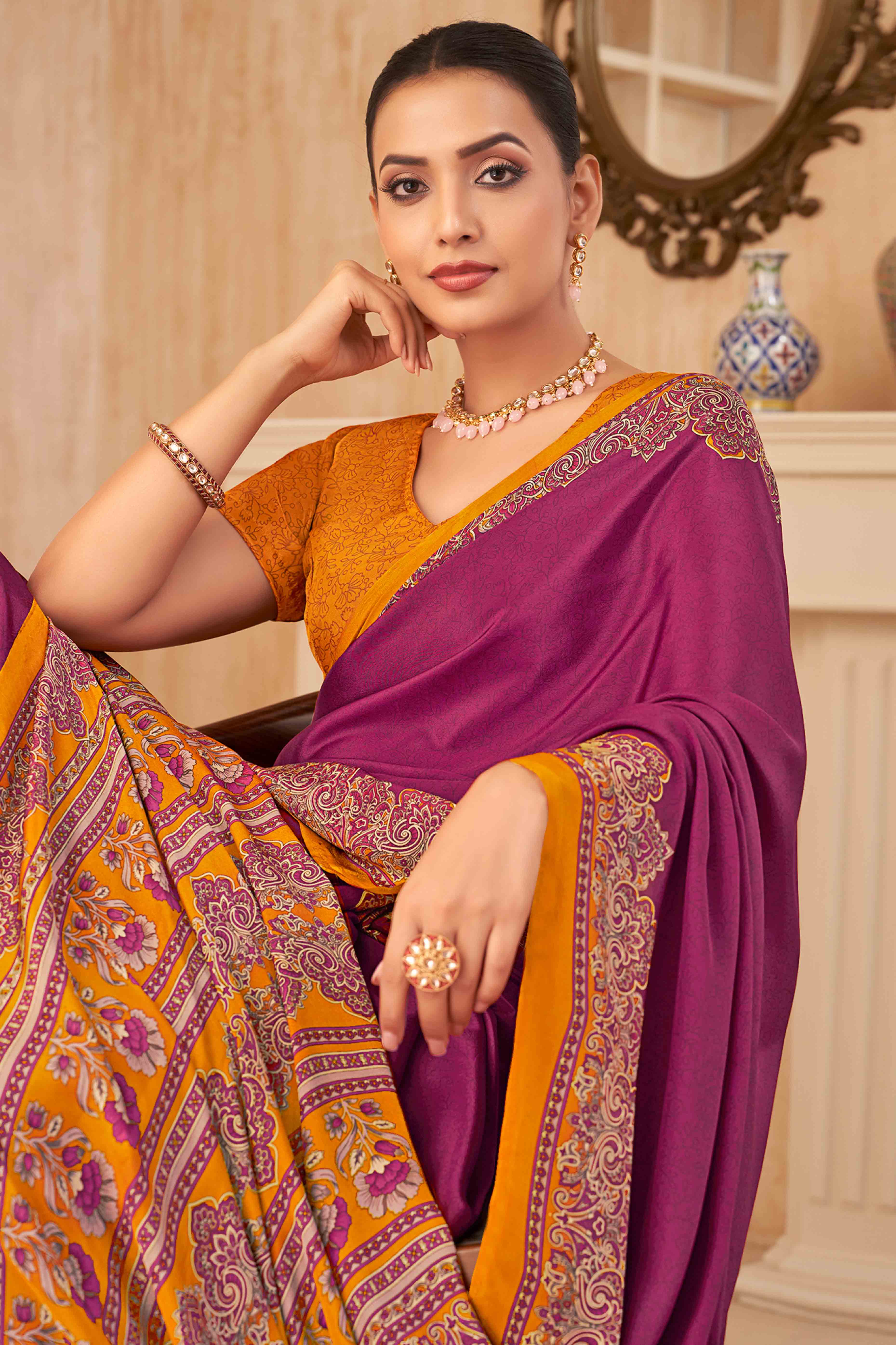 Purple Floral Printed Crepe Silk Saree