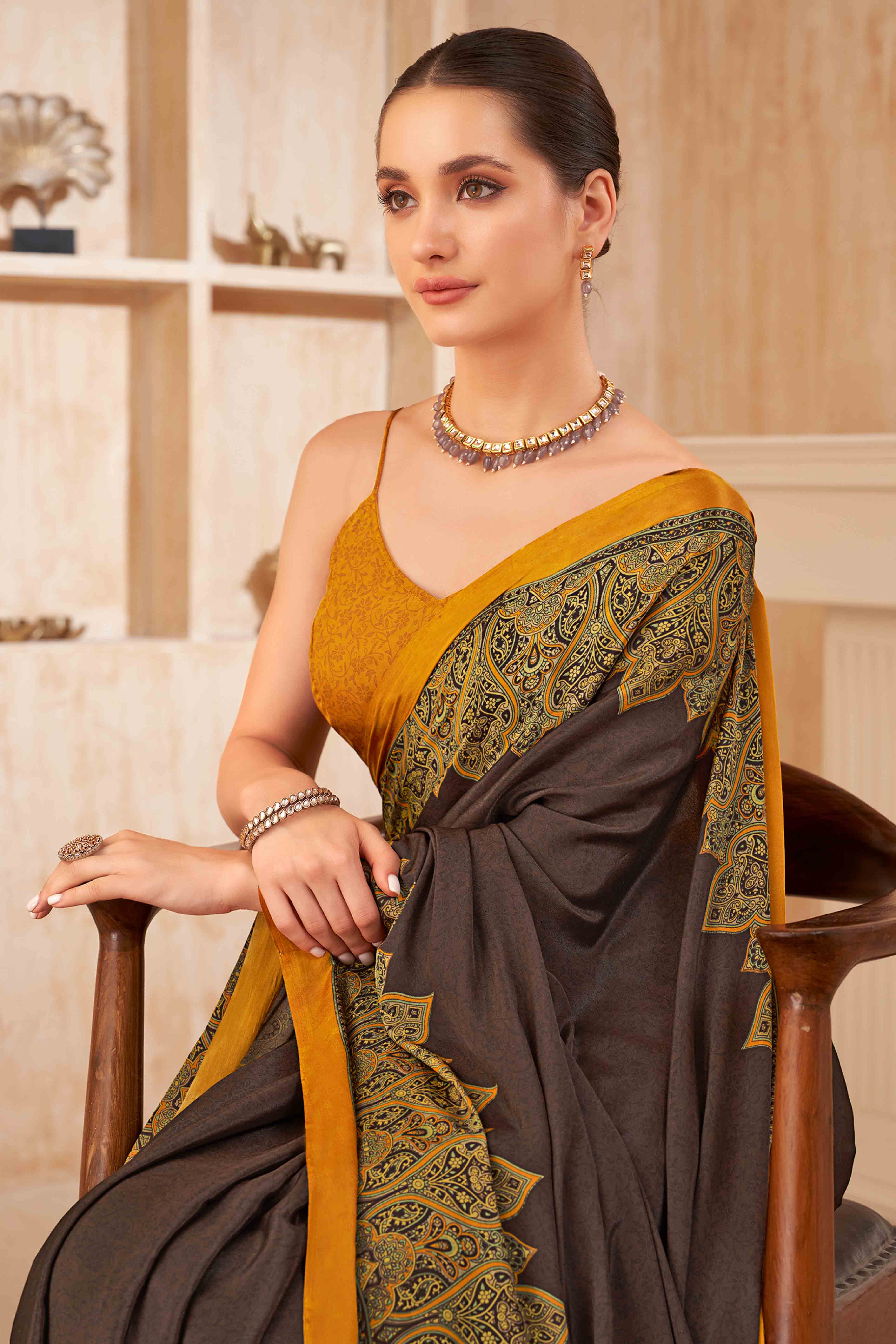 Brown Floral Printed Crepe Silk Saree