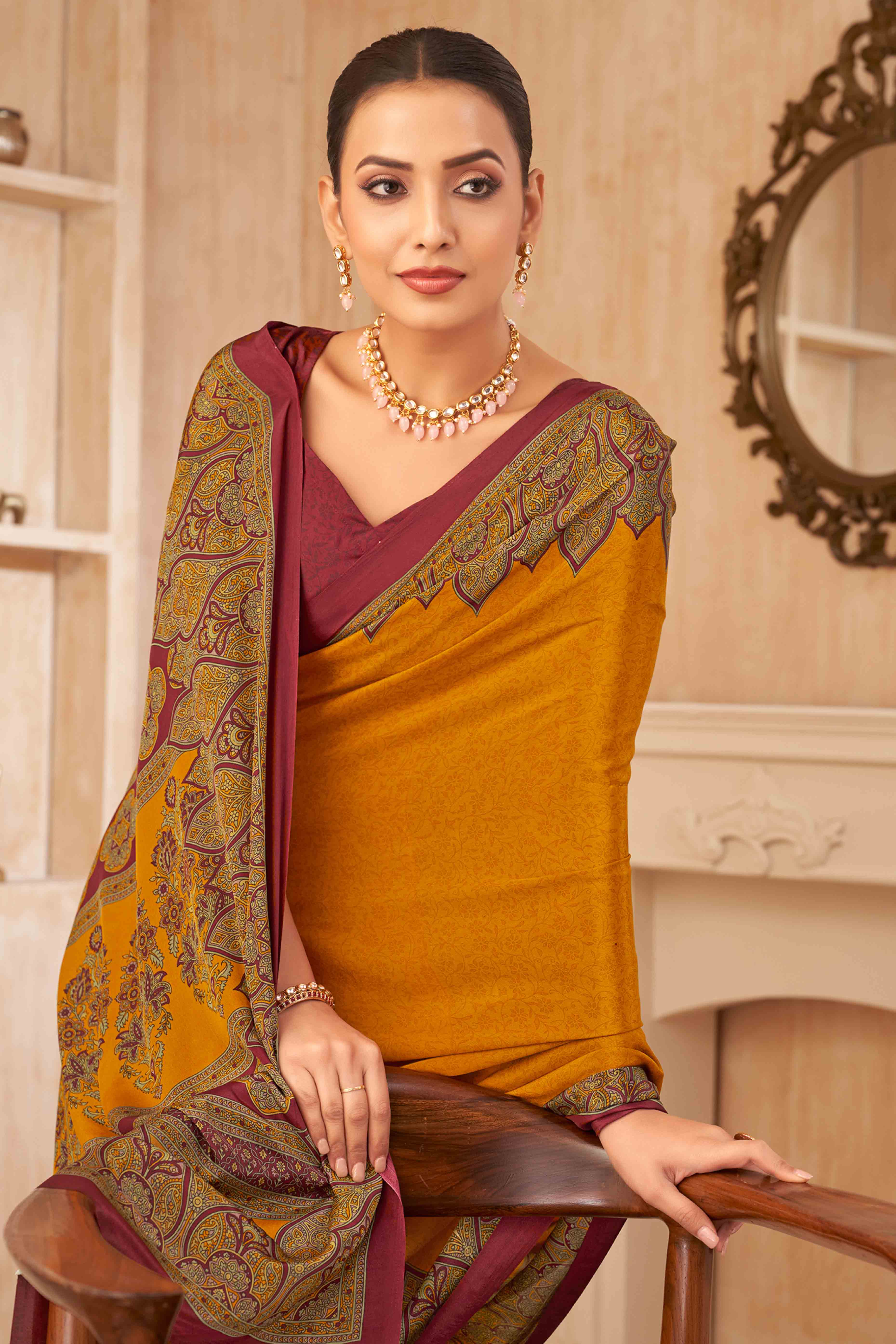 Mustard Floral Printed Crepe Silk Saree