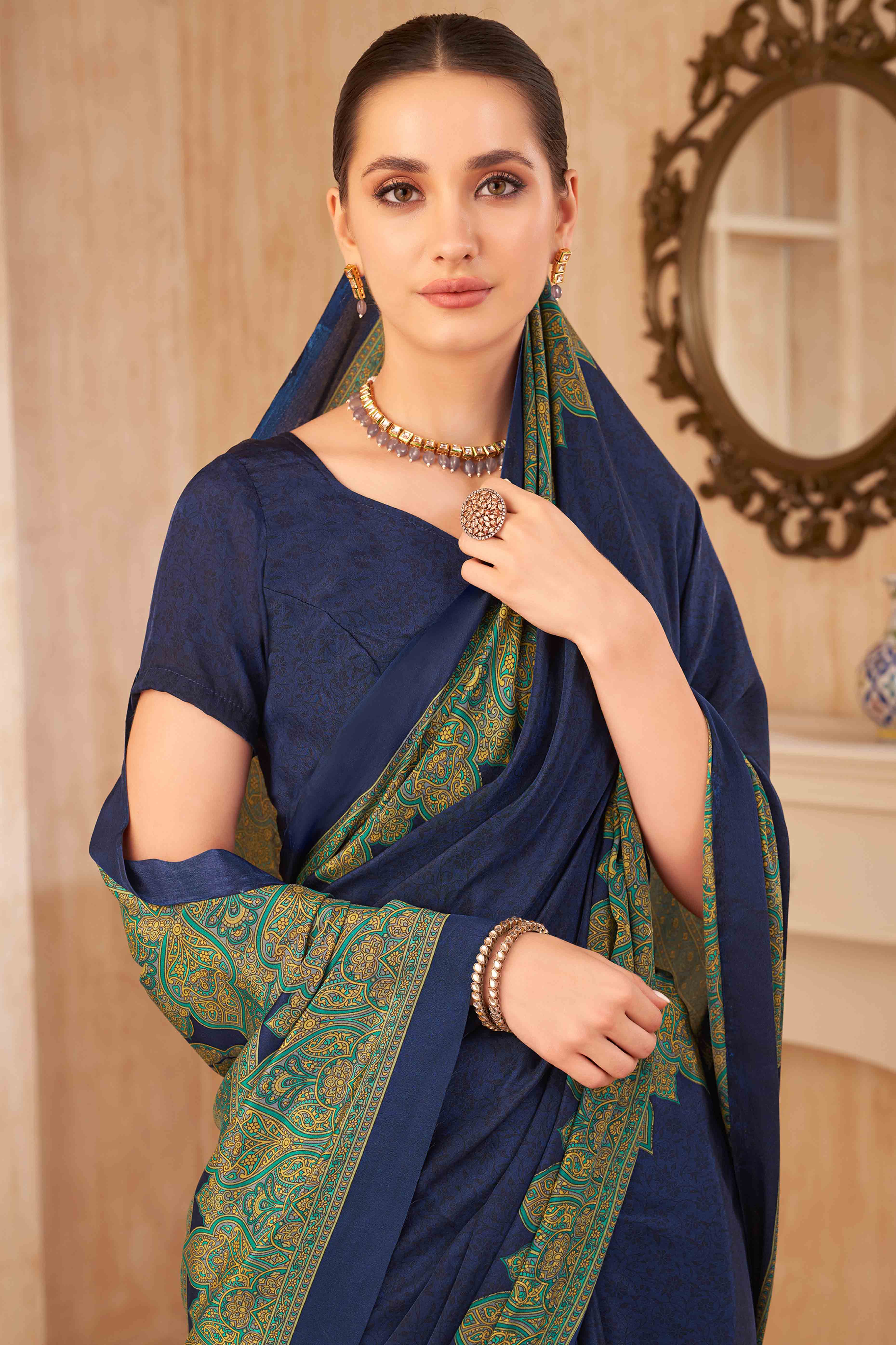 Navy Blue Floral Printed Crepe Silk Saree