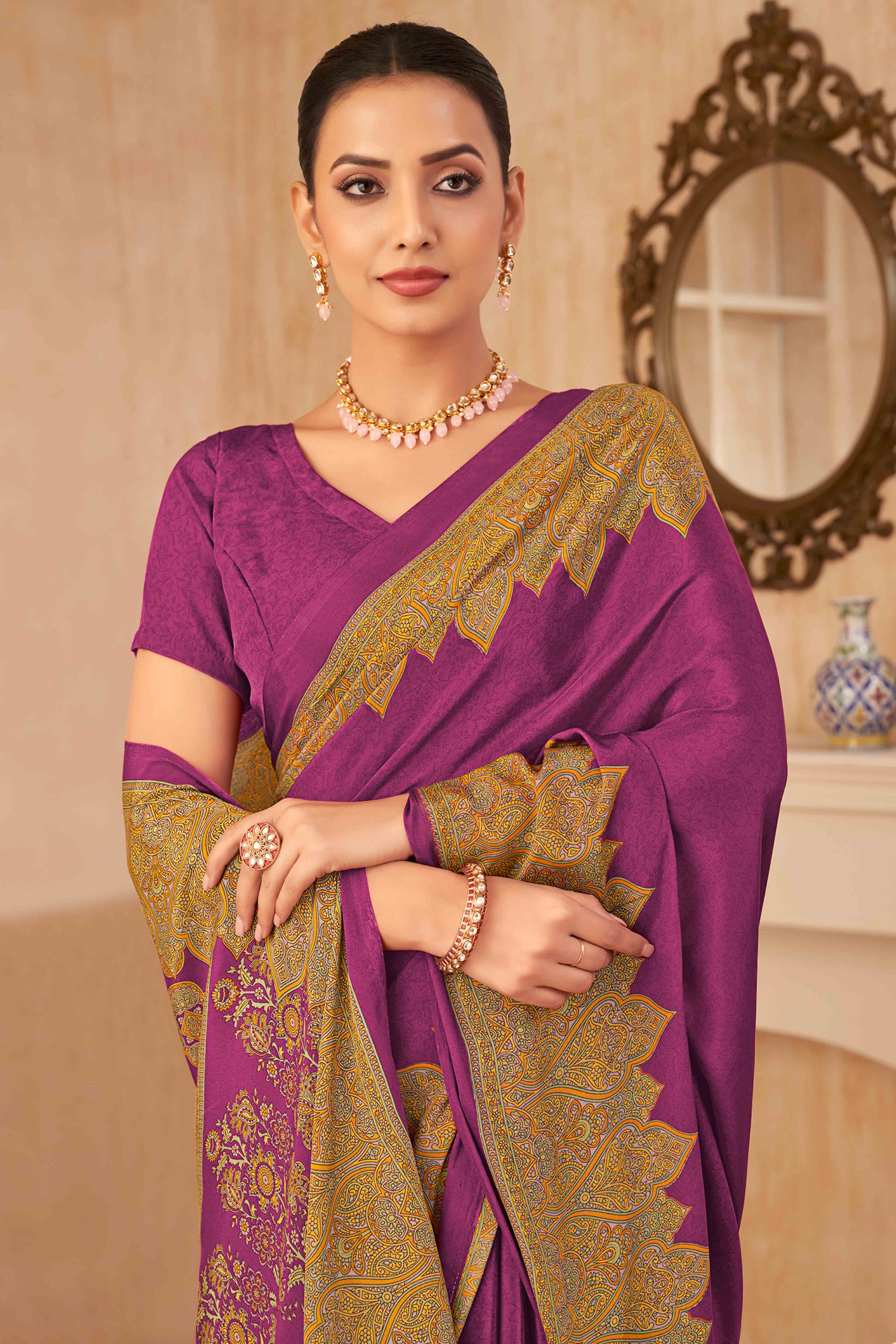 Purple Floral Printed Crepe Silk Saree