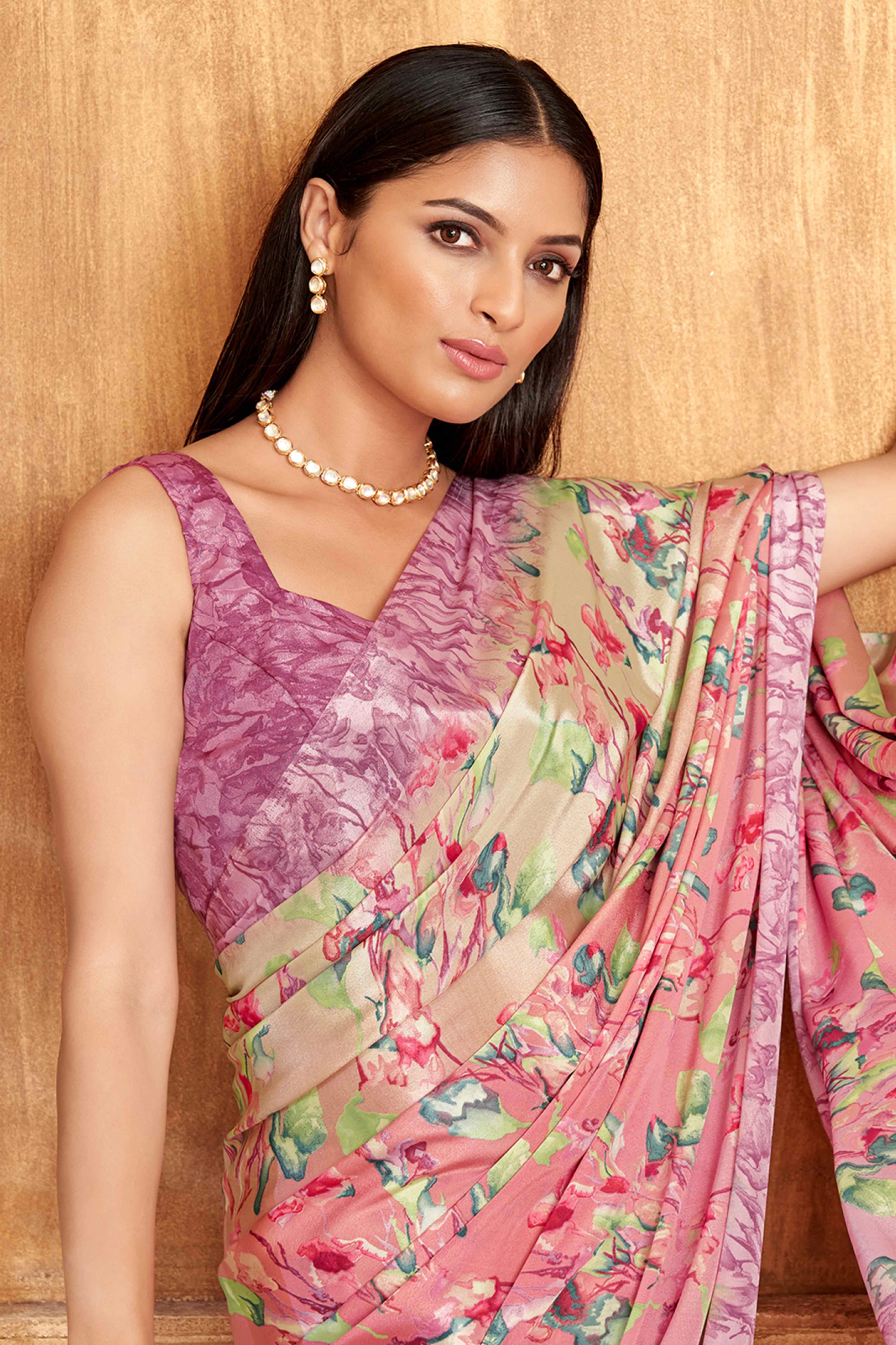 Pink Floral Printed Crepe Silk Saree