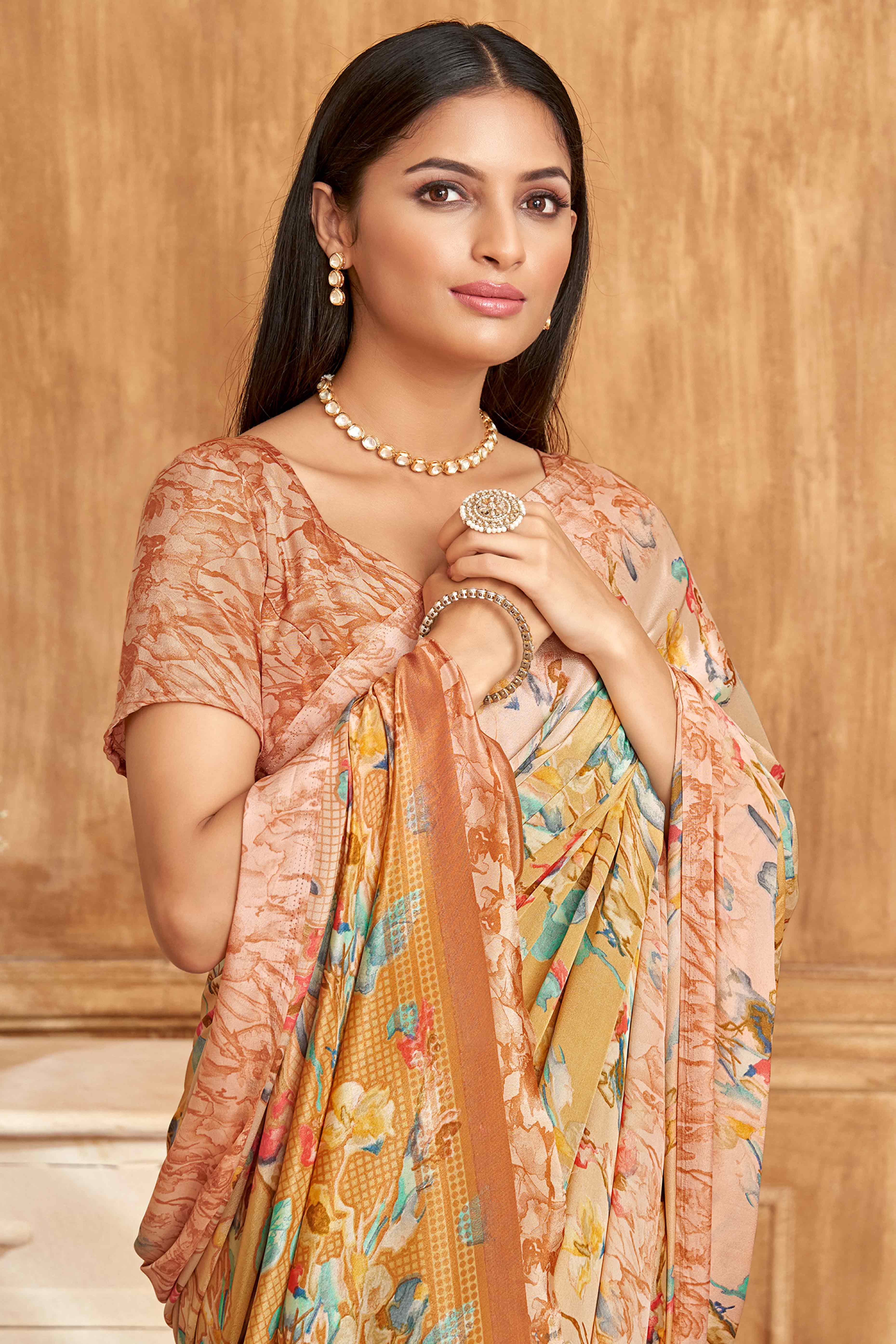 Peach Floral Printed Crepe Silk Saree
