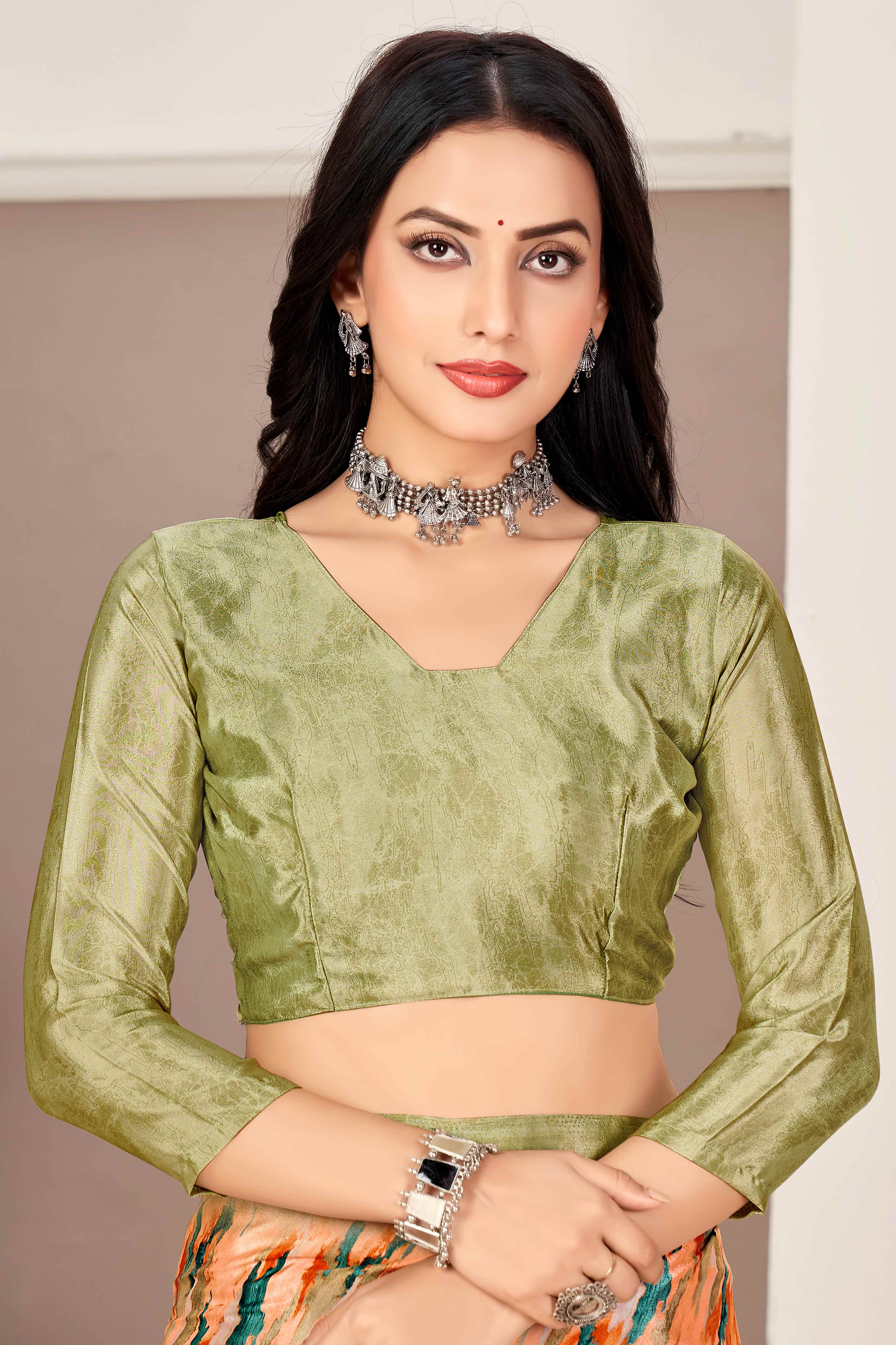 Peach & Olive Silk Crepe Saree With Artistic Abstract Printed Work