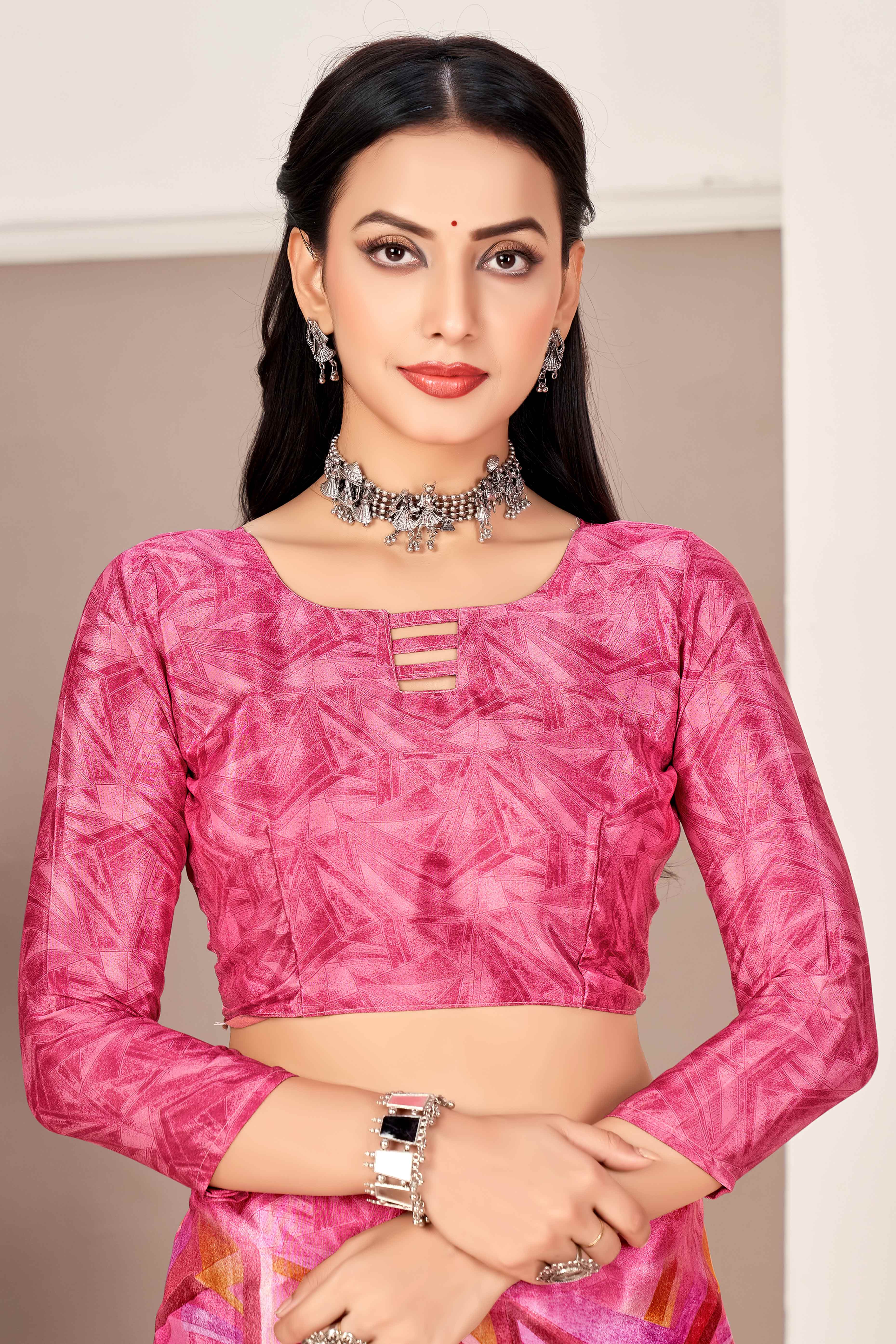 Pink Silk Crepe Saree With Artistic Geometric Printed Work