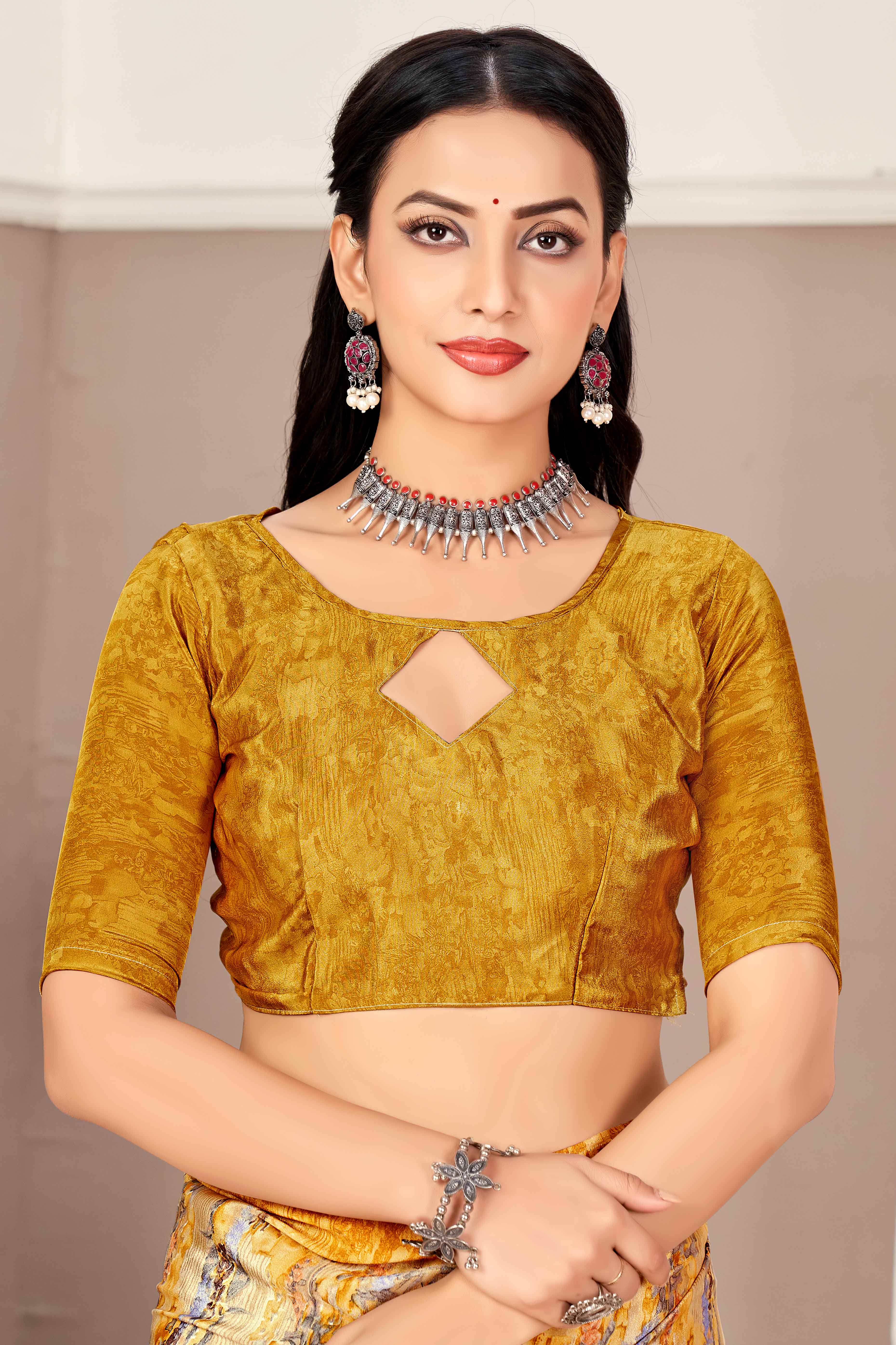 Mustard Silk Crepe Saree With Artistic Abstract Printed Work