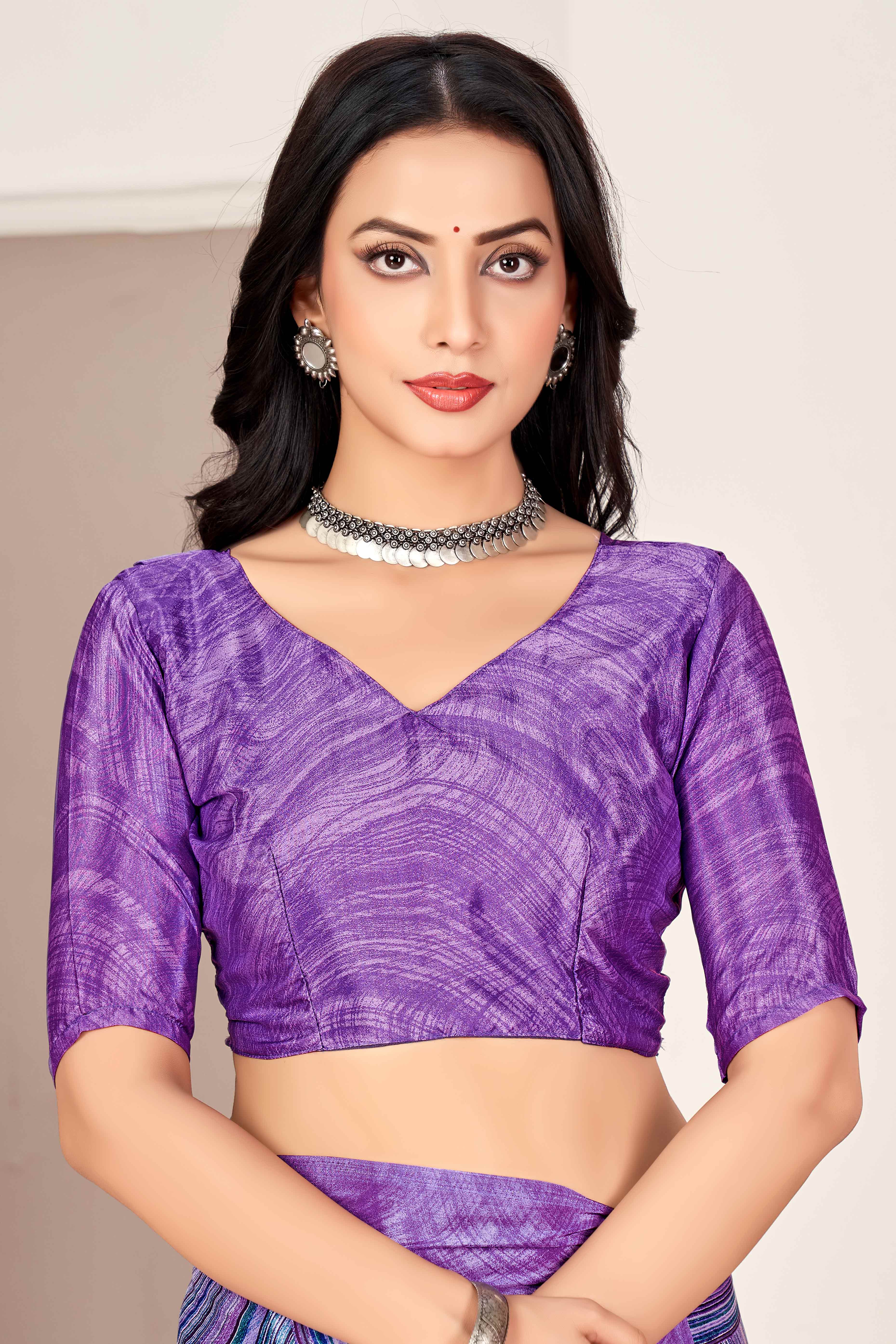 Purple Silk Crepe Saree With Artistic Abstract Printed Work