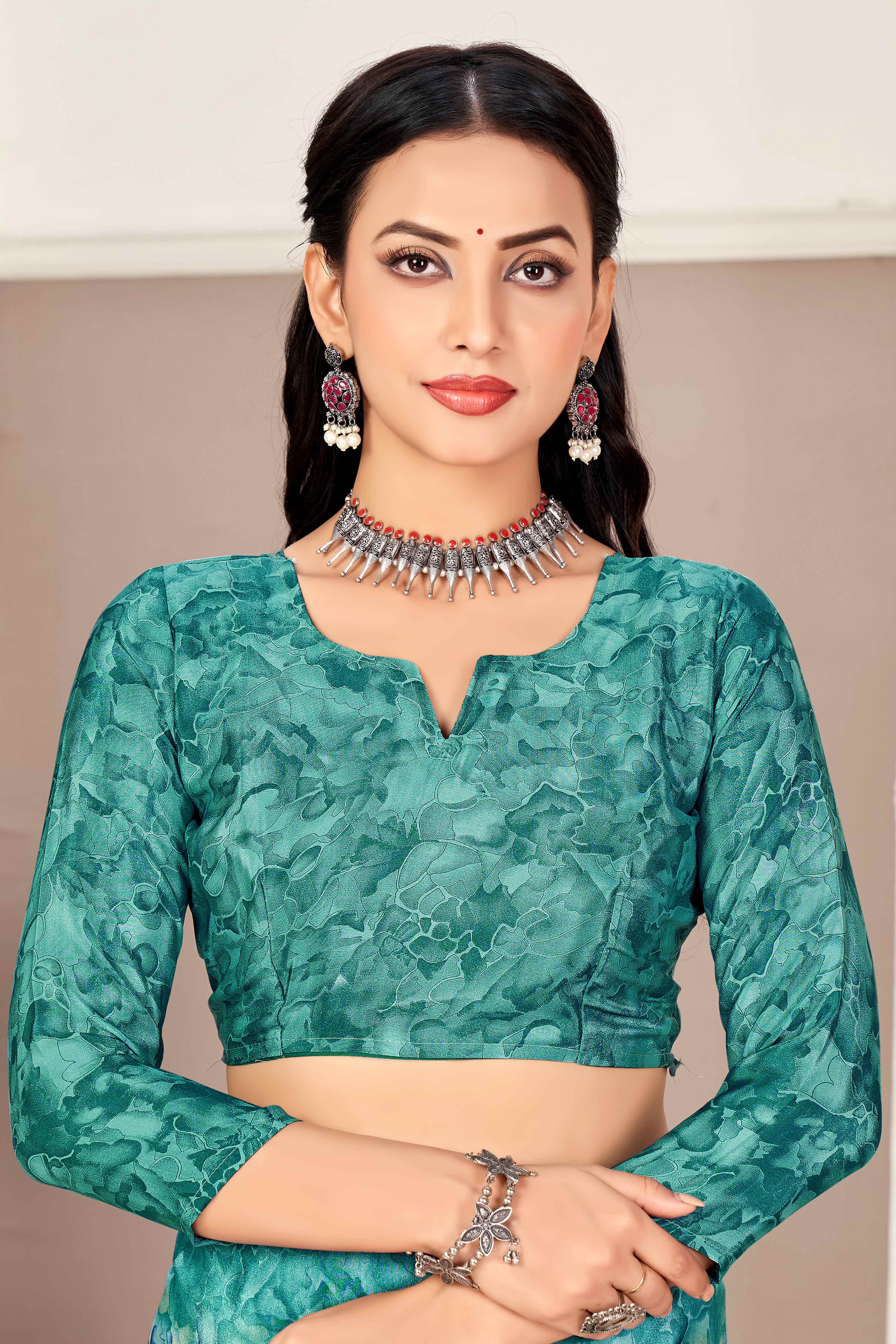 Teal Silk Crepe Saree With Artistic Abstract Printed Work