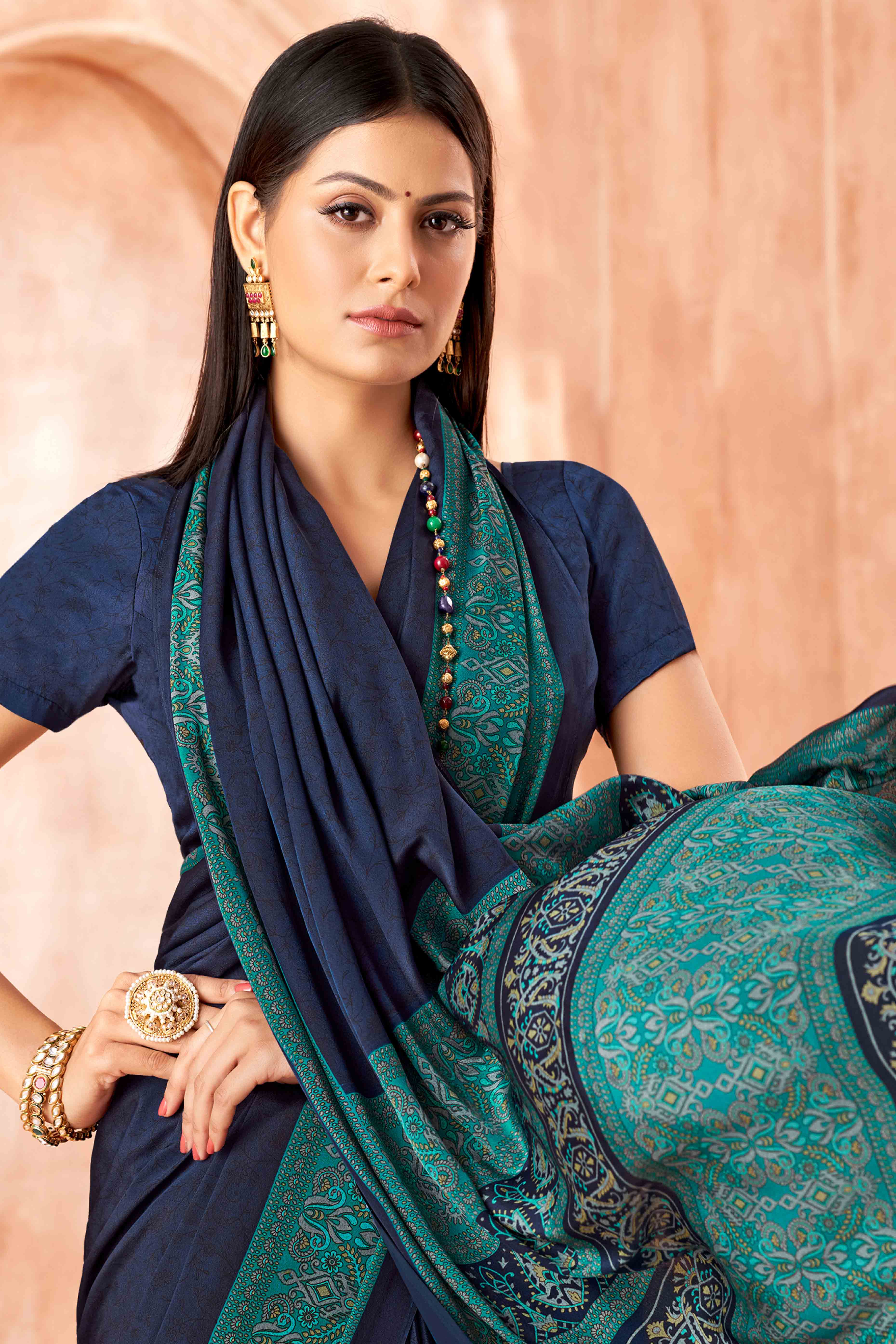 Navy Blue Crepe Silk Saree with Elegant Floral Print Detailing