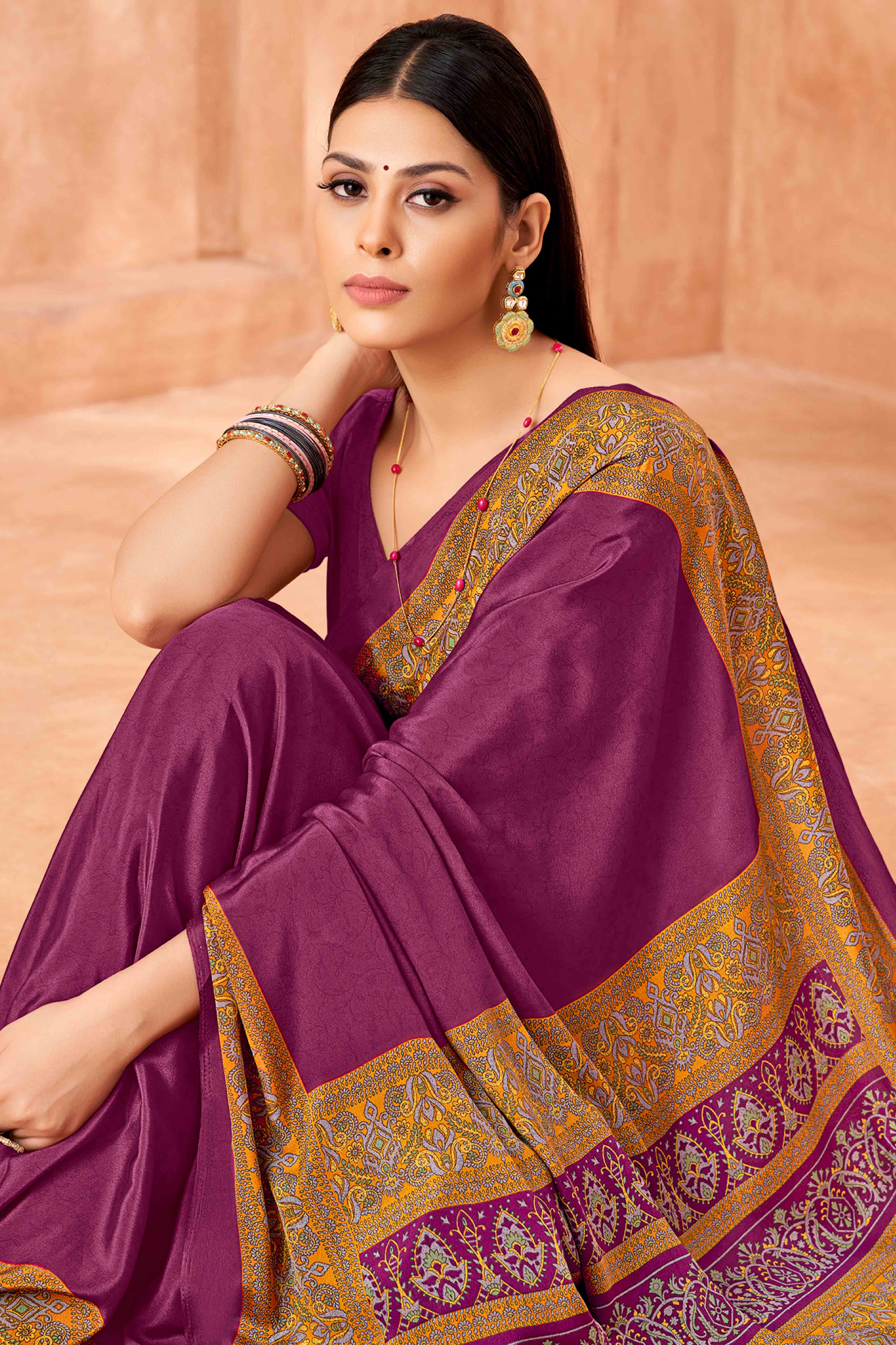 3Dark Magenta Crepe Silk Saree with Elegant Floral Print Detailing