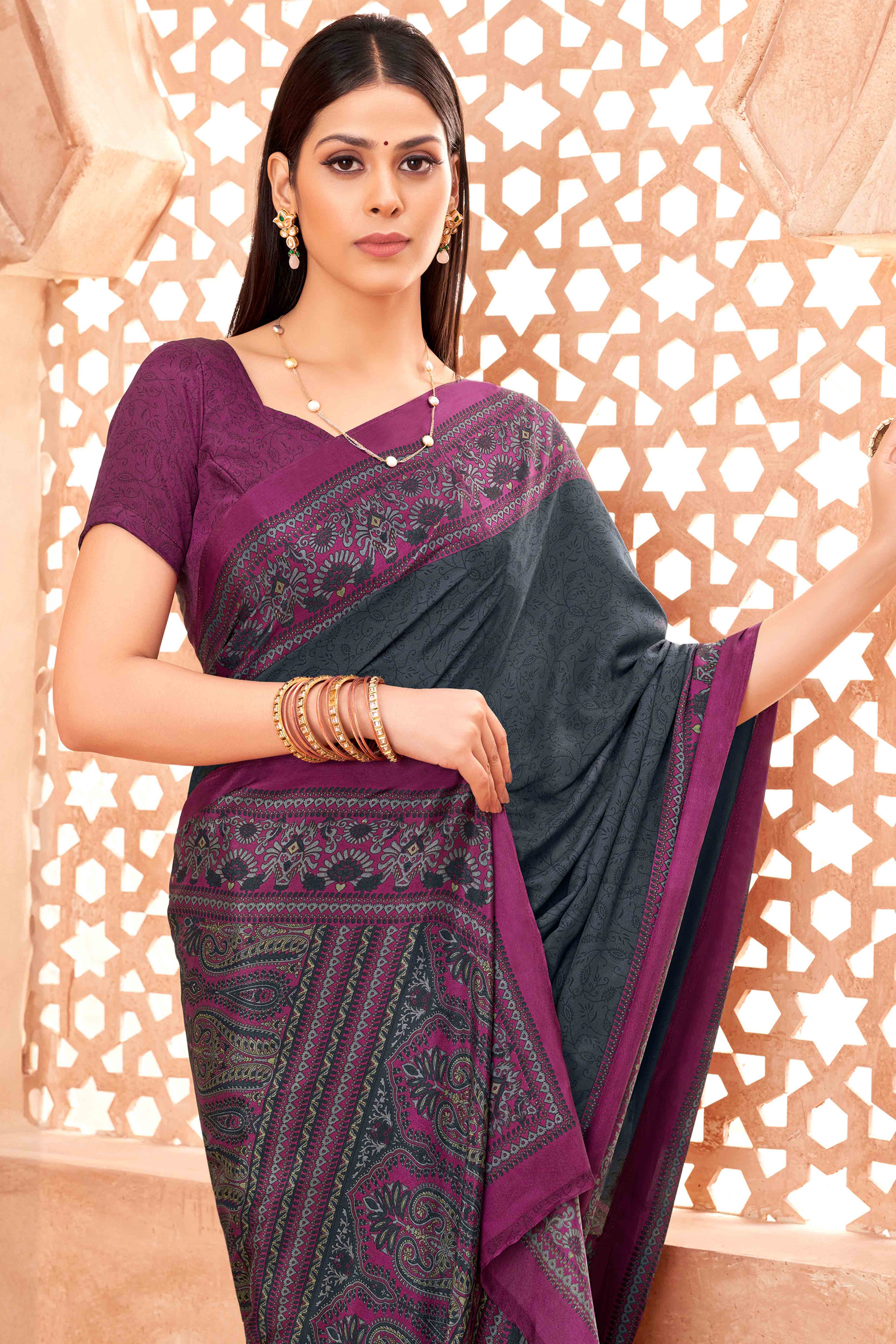Grey Crepe Silk Saree with Elegant Floral Print Detailing