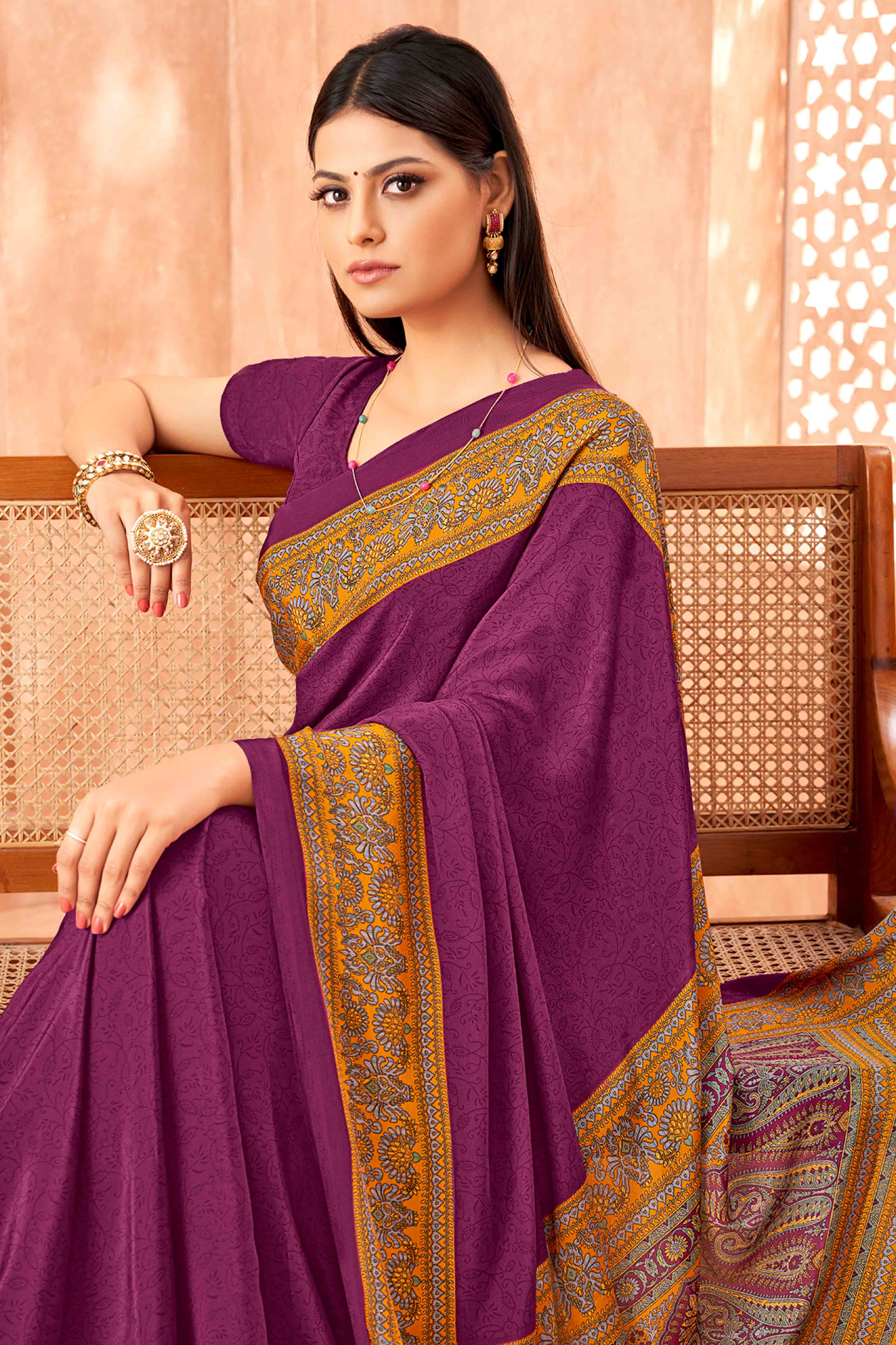 Dark Magenta Crepe Silk Saree with Elegant Floral Print Detailing