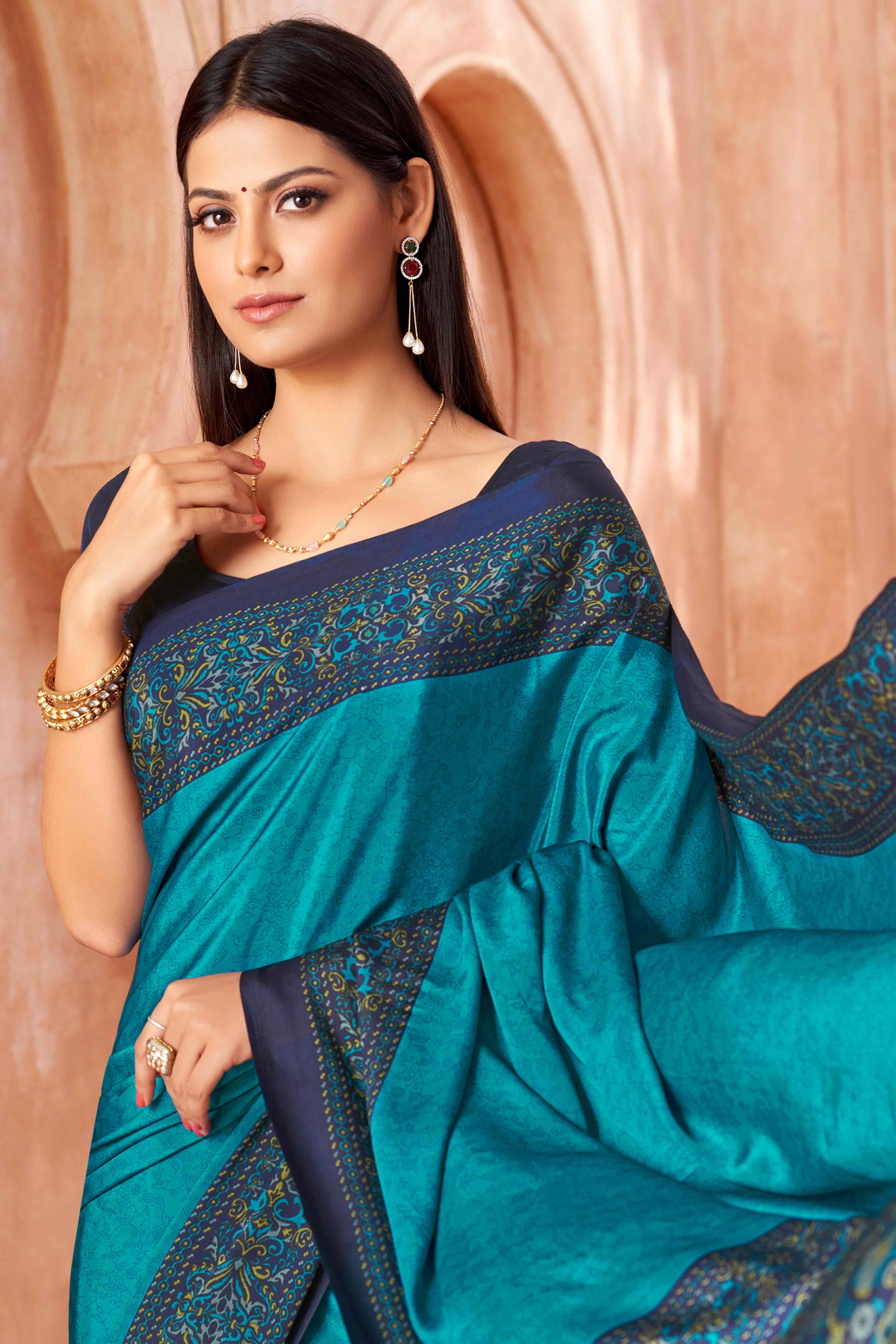 Blue Crepe Silk Saree with Elegant Floral Print Detailing
