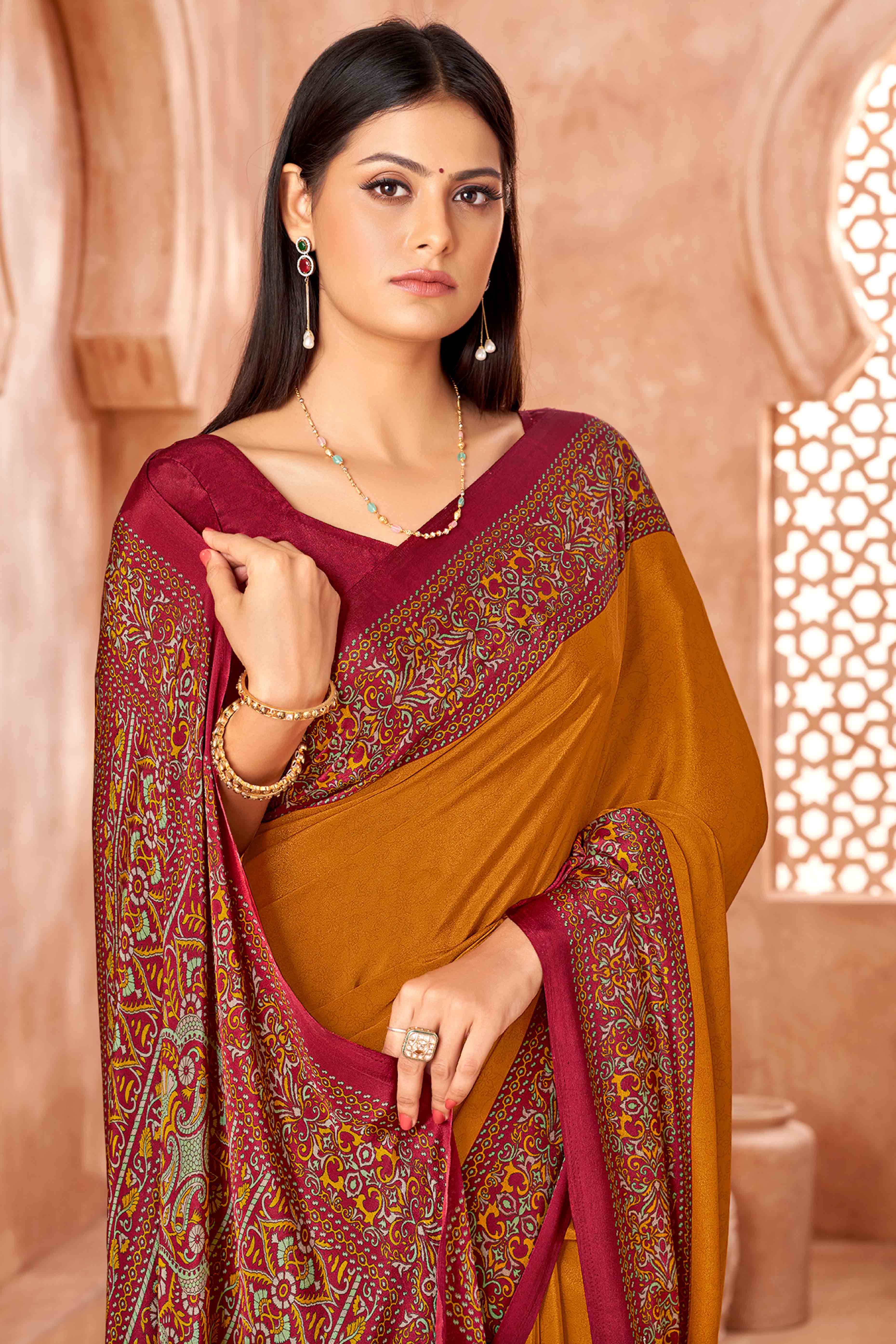 Mustard Crepe Silk Saree with Elegant Floral Print Detailing