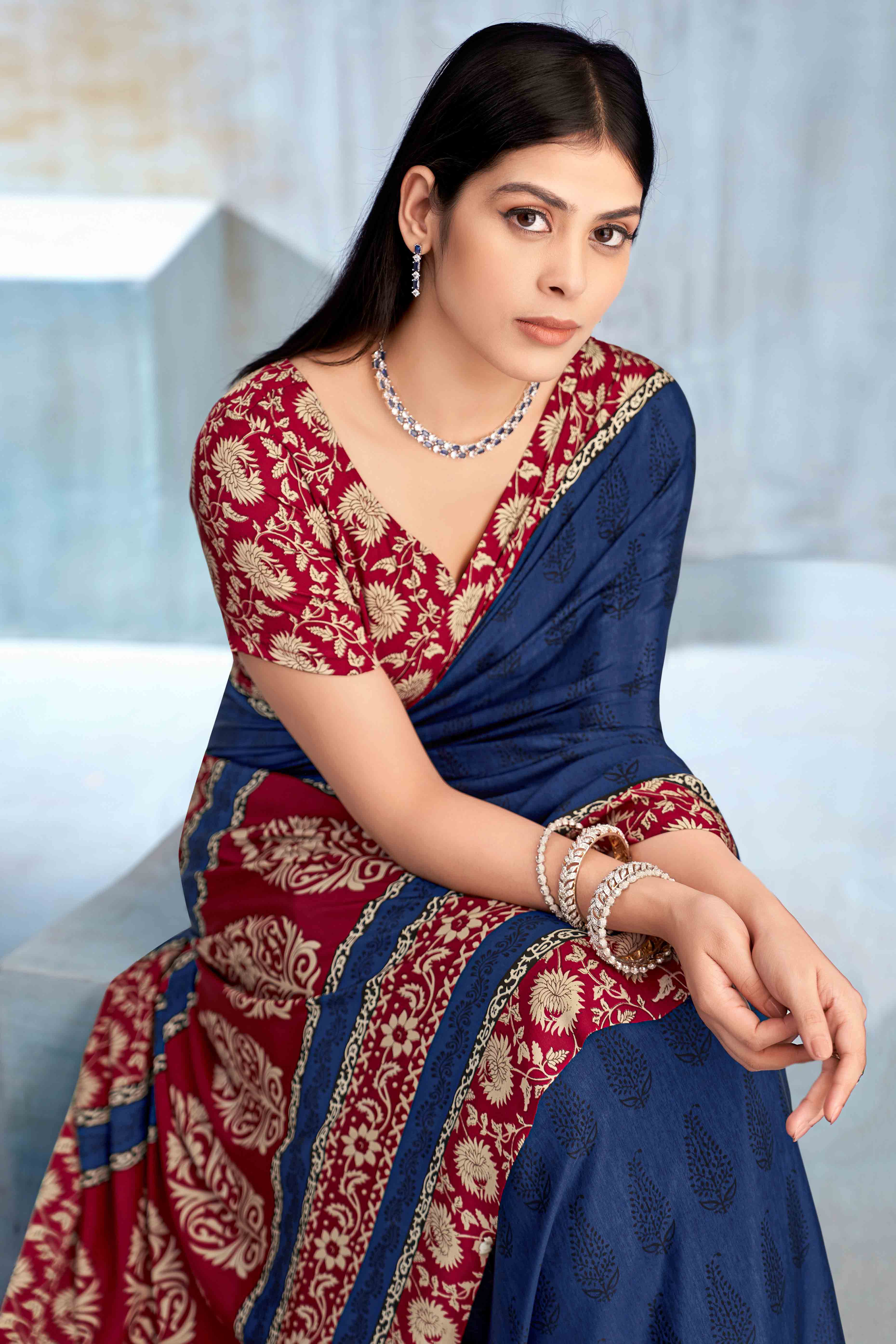 Navy Blue Crepe Silk Saree Featuring Delicate Floral Print Work