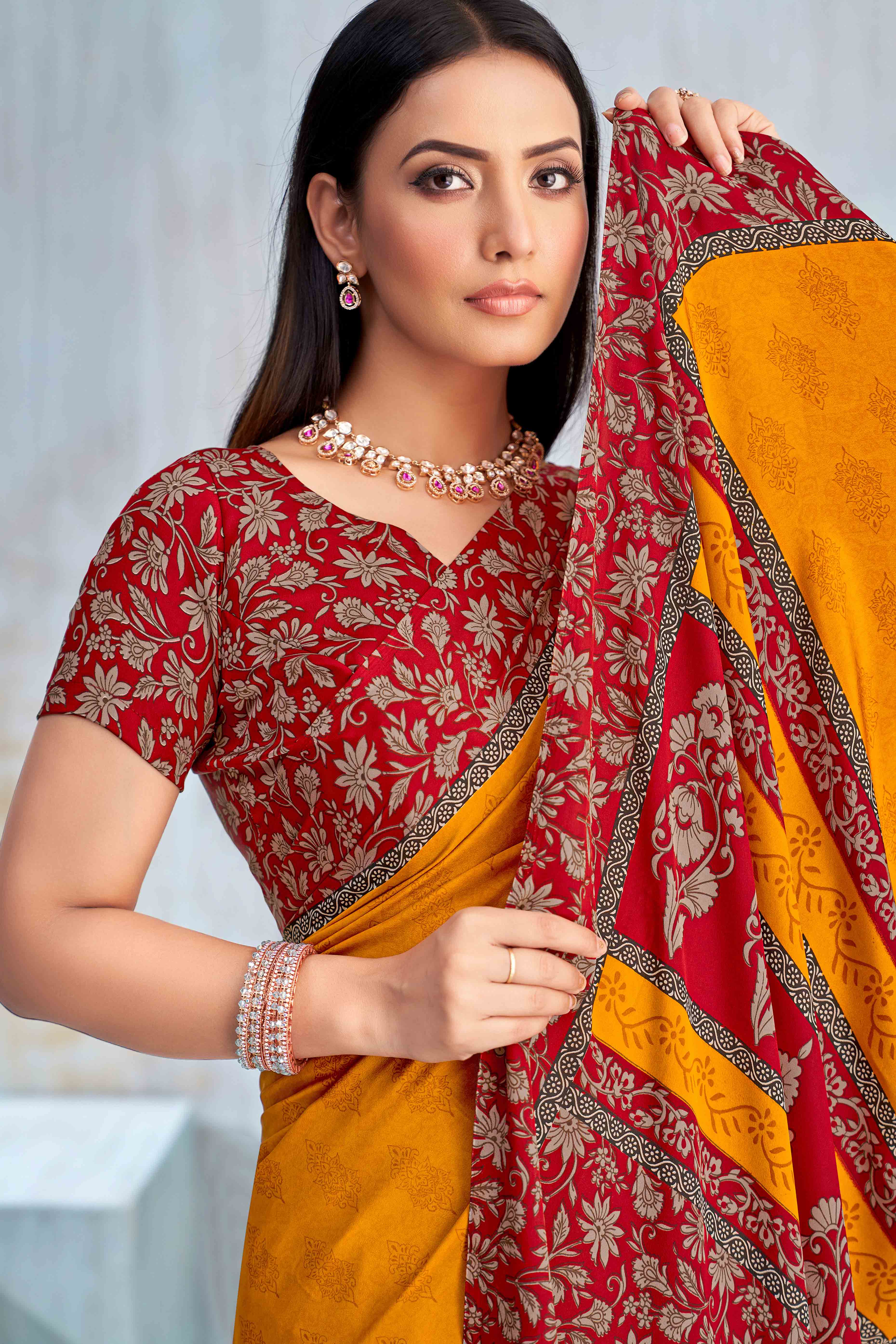 Mustard Crepe Silk Saree Featuring Delicate Floral Print Work