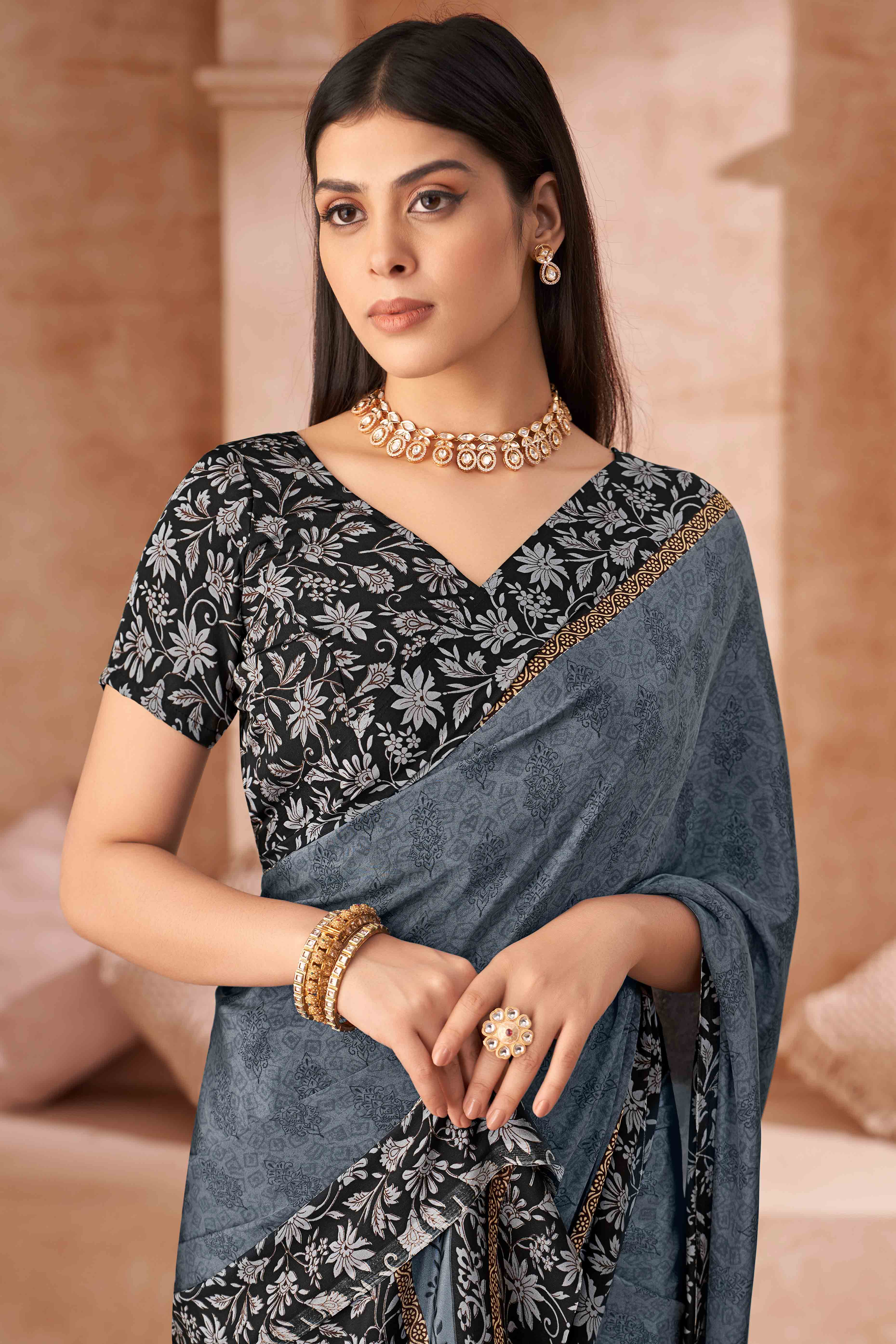 Grey Crepe Silk Saree With Timeless Floral Print Detailing