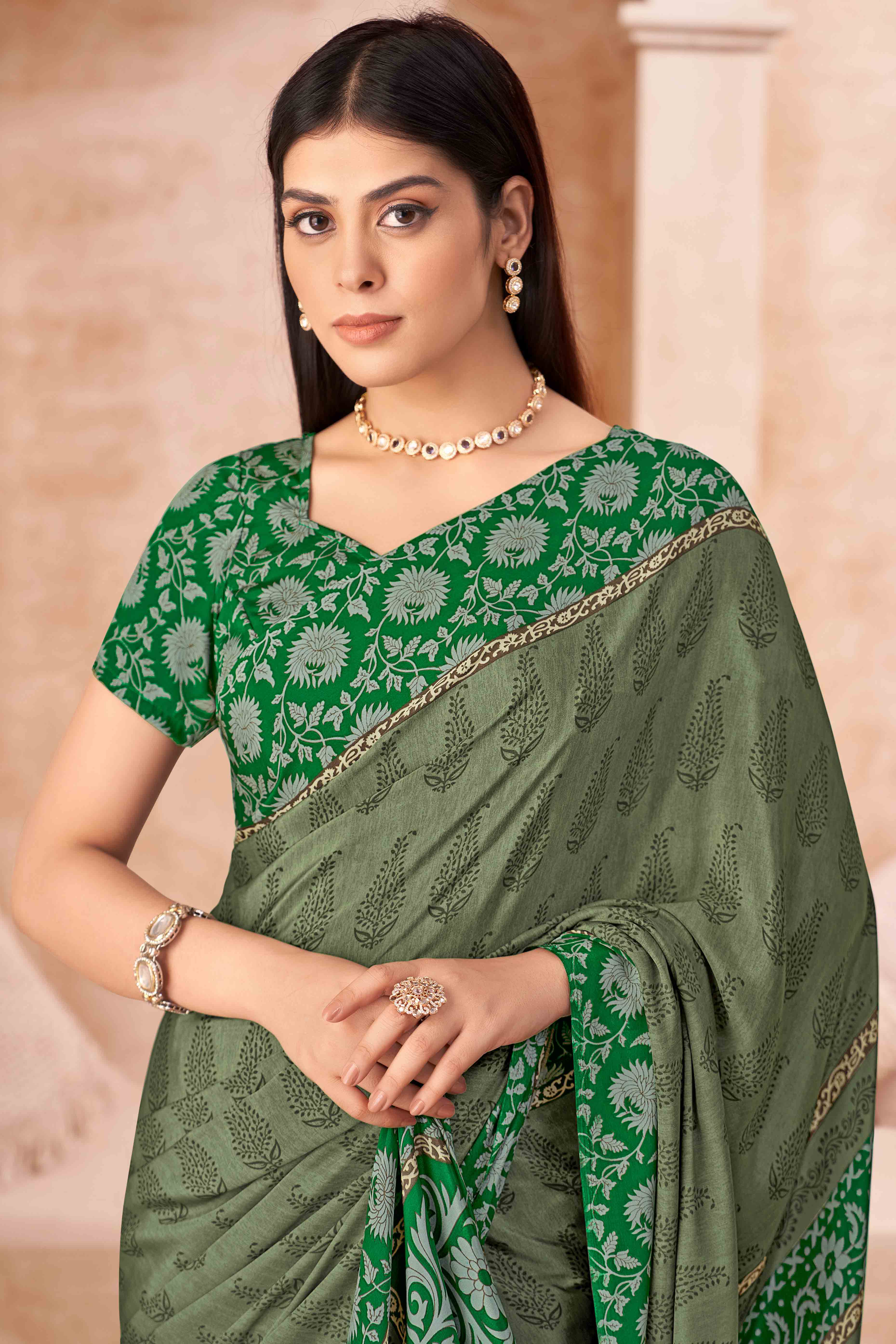 Green Crepe Silk Saree With Timeless Floral Print Detailing