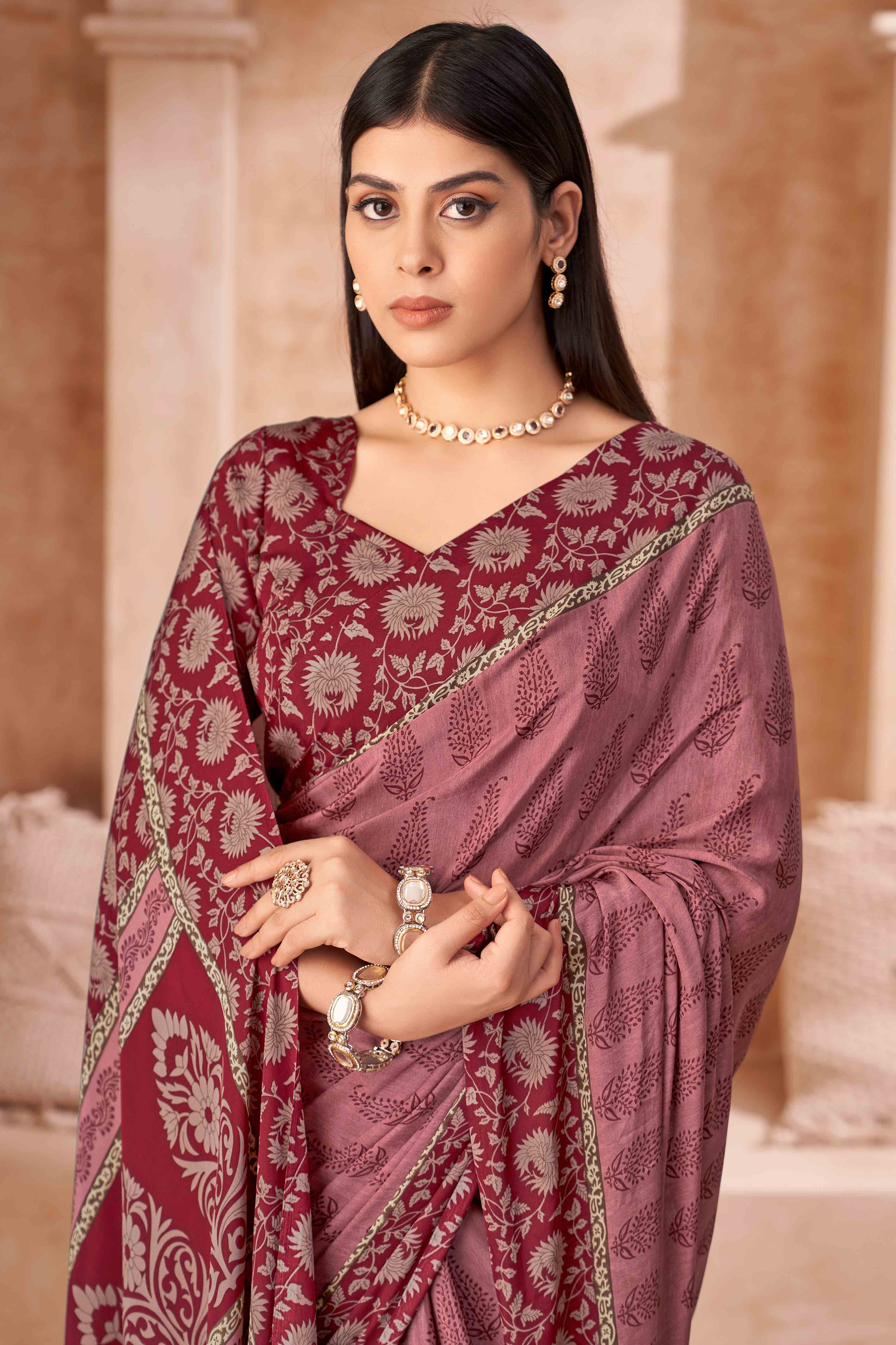 Toasted Mauve Crepe Silk Saree With Timeless Floral Print Detailing