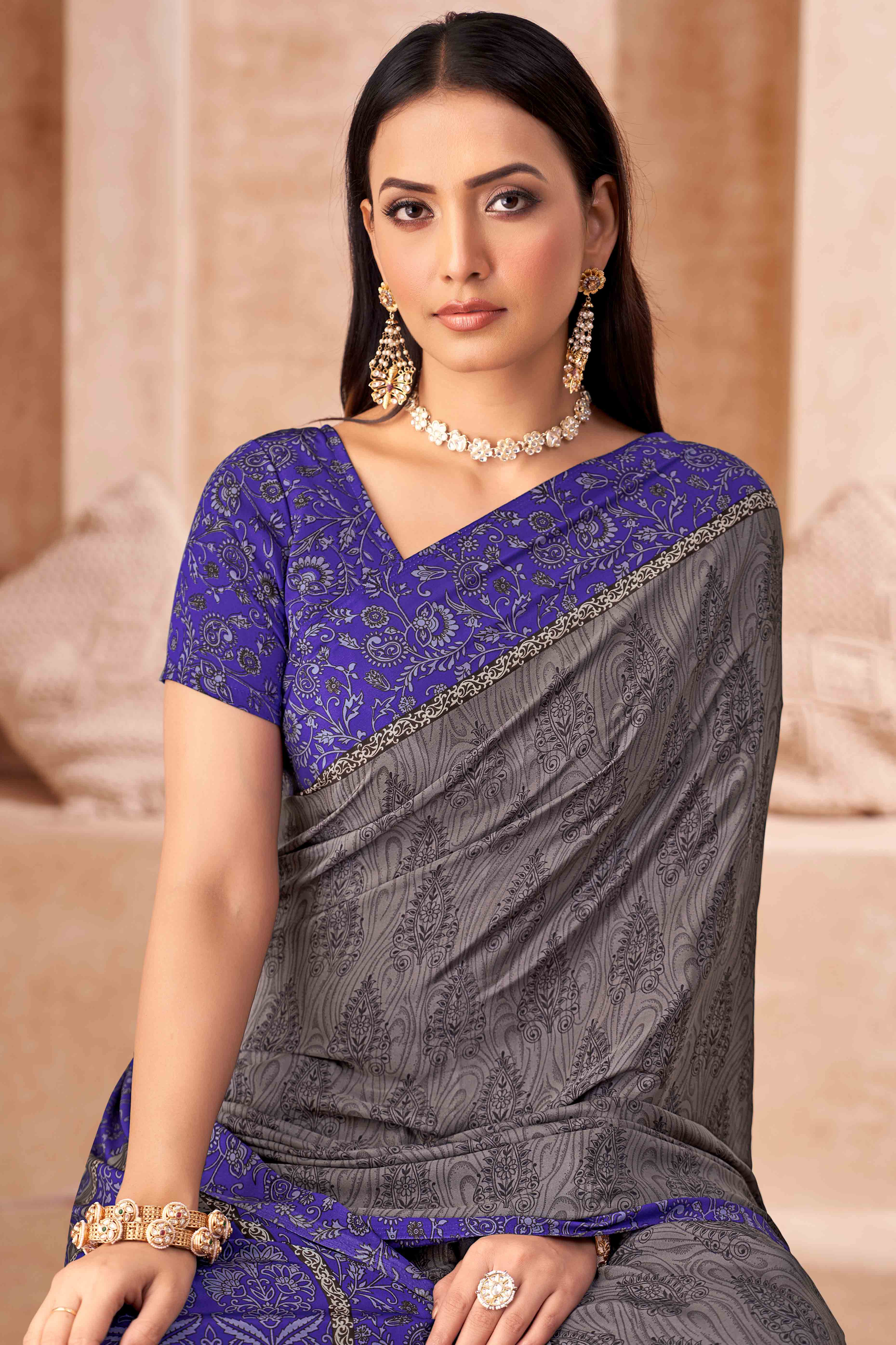 Grey & Purple Crepe Silk Saree With Timeless Floral Print Detailing
