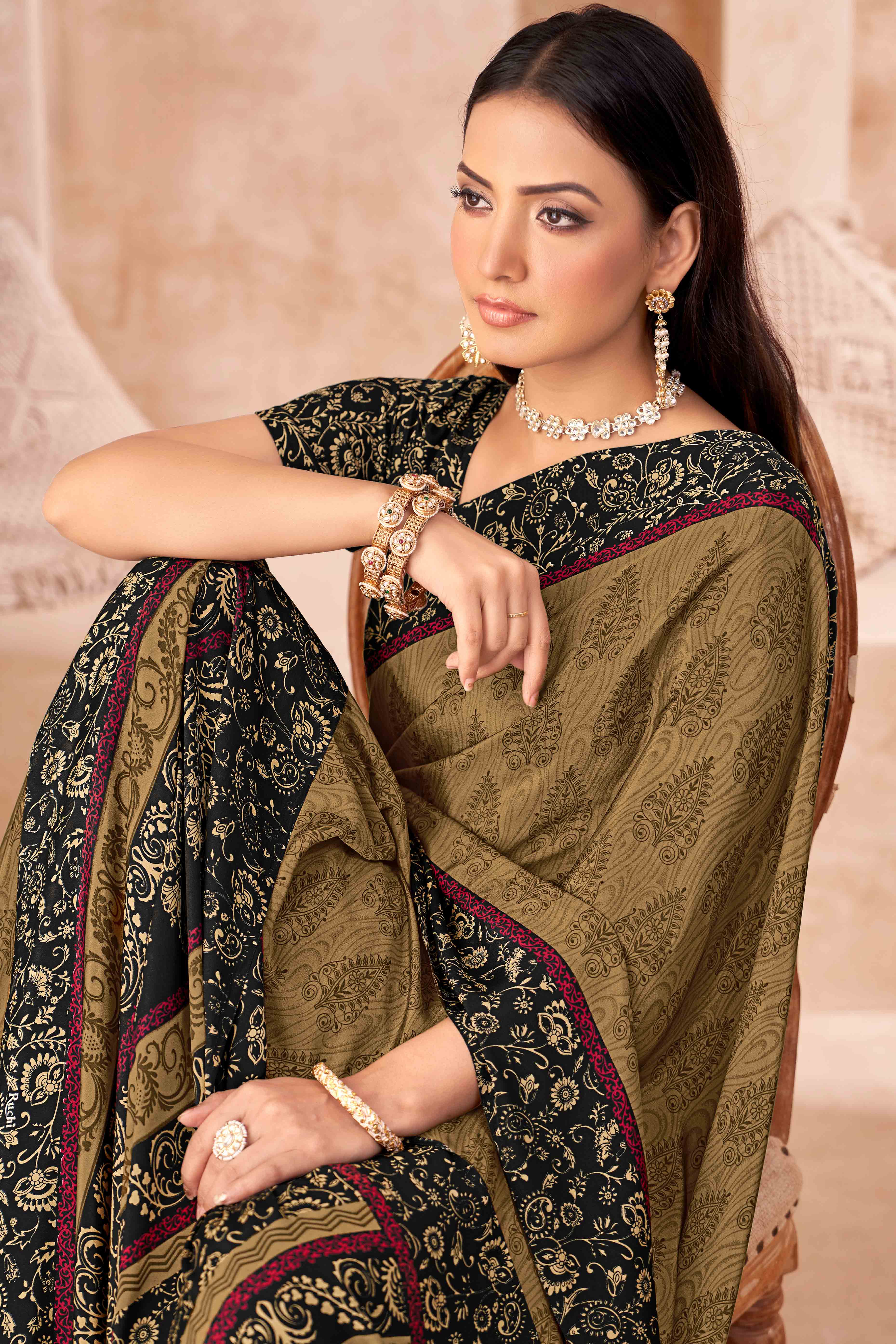 Chikoo Crepe Silk Saree With Timeless Floral Print Detailing