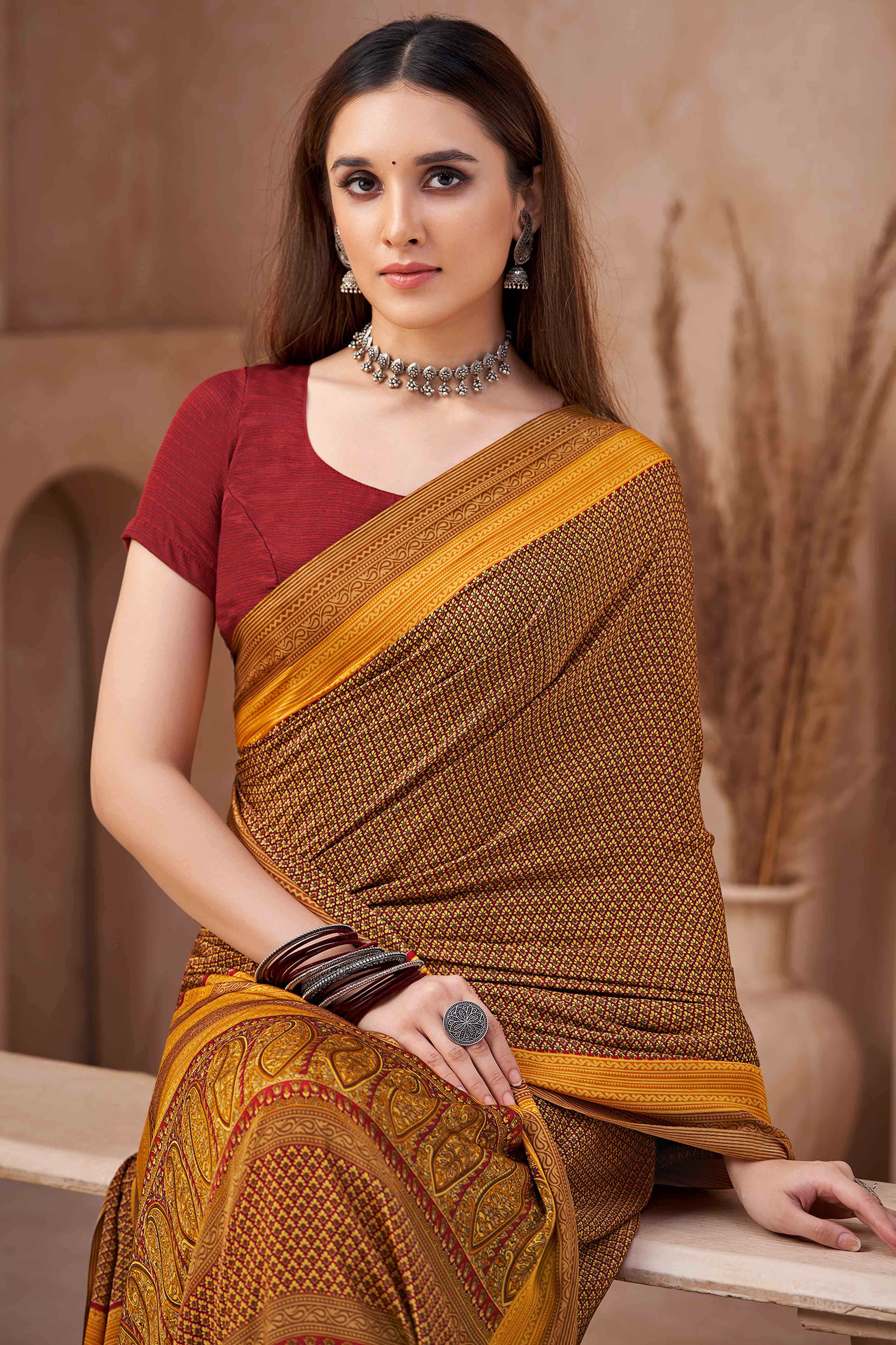 Mustard Crepe Silk Saree Featuring Delicate Floral Print Work