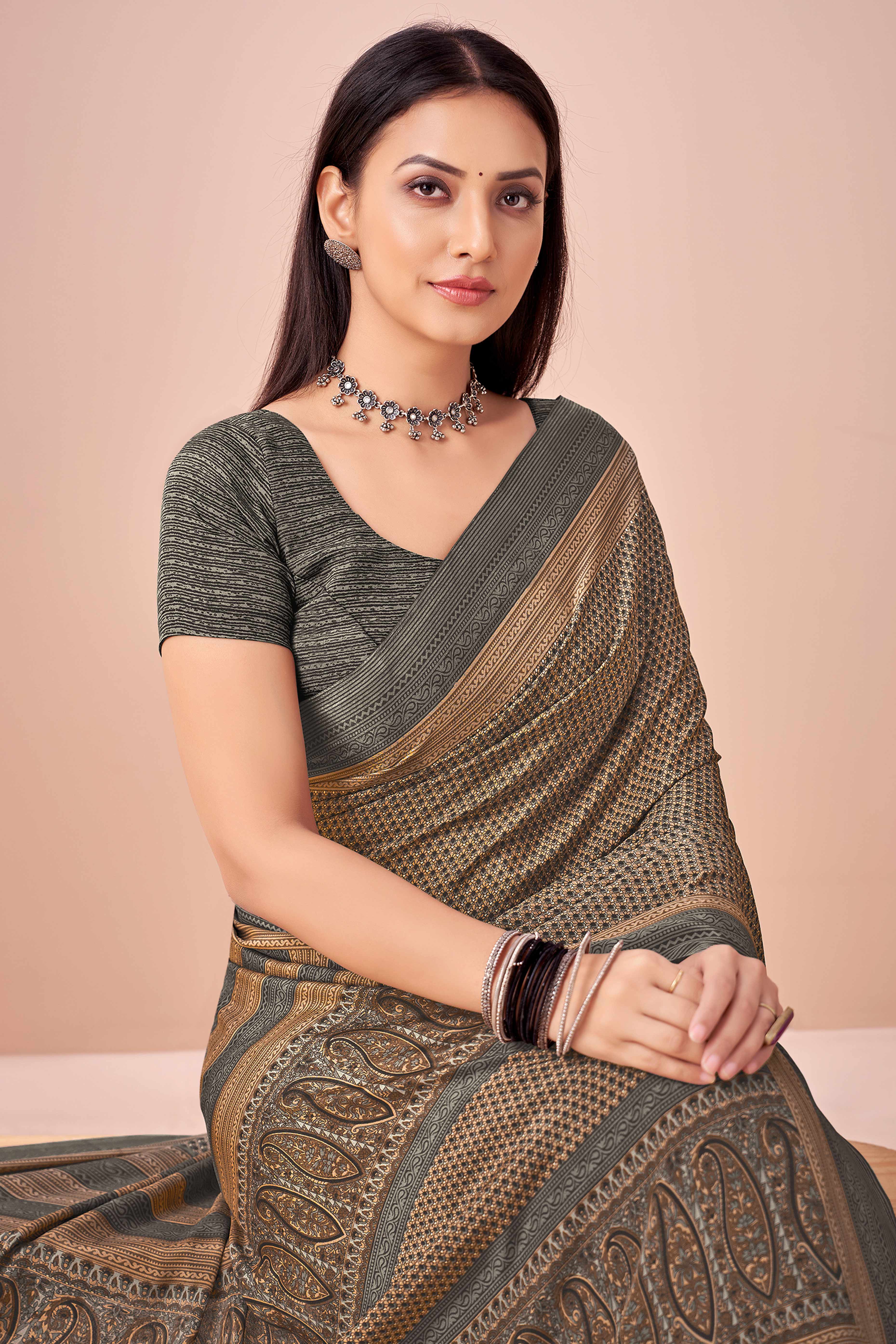 Brown Crepe Silk Saree Adorned With Artistic Floral Digital Print Work
