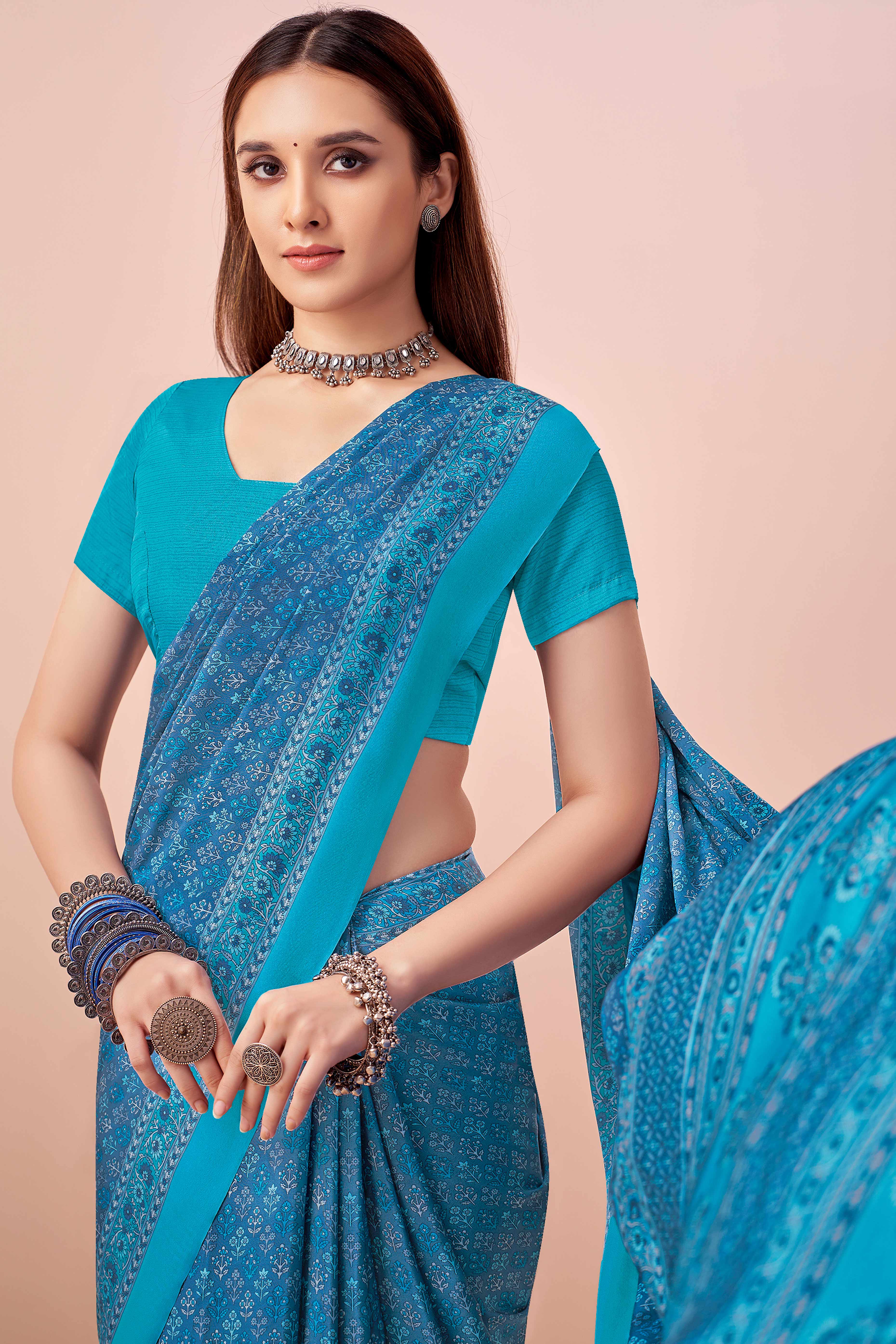Blue Crepe Silk Saree Adorned With Artistic Floral Digital Print Work