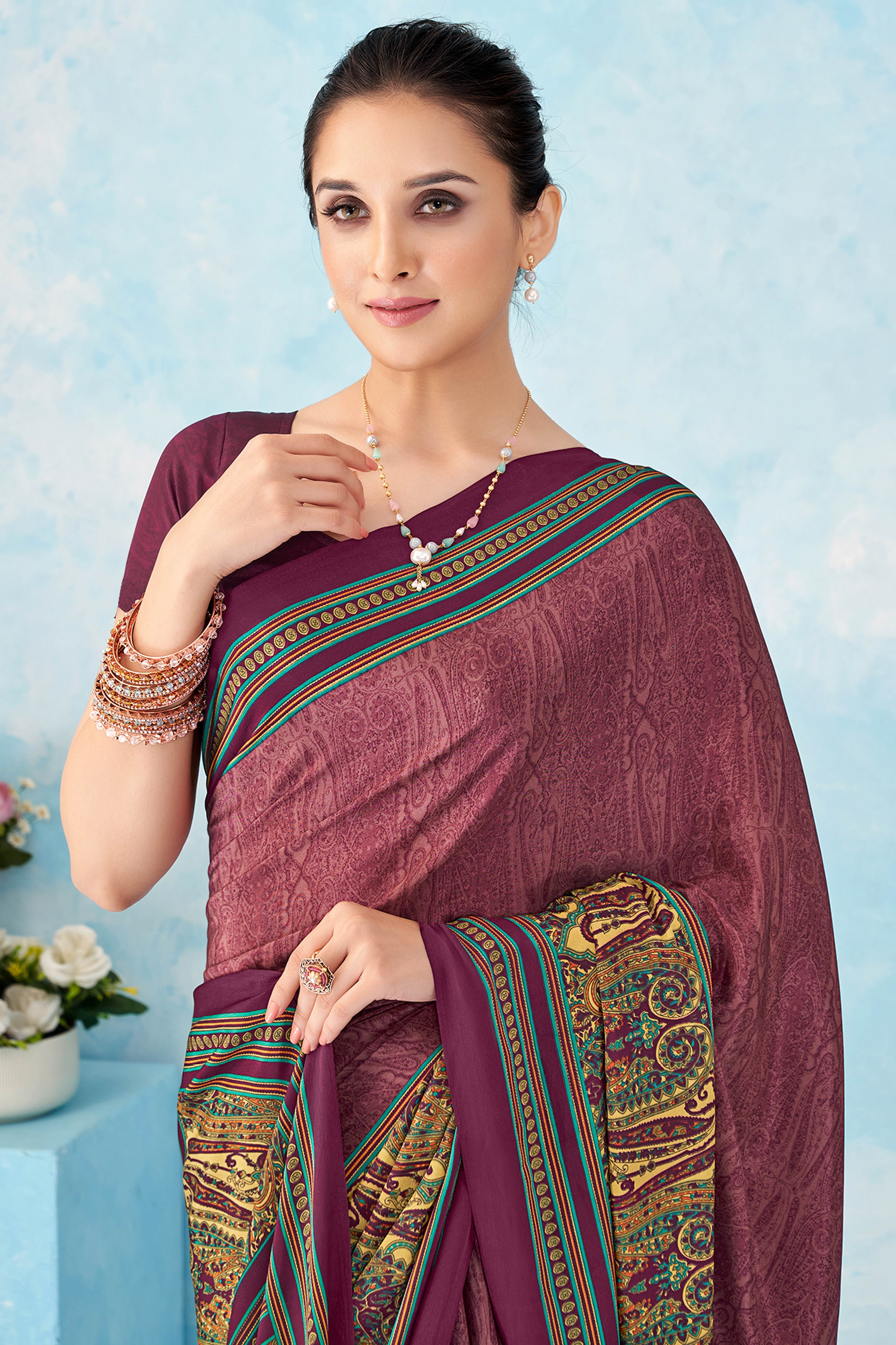 Lightweight Mauve Paisley Printed Saree in Luxurious Silk Crepe