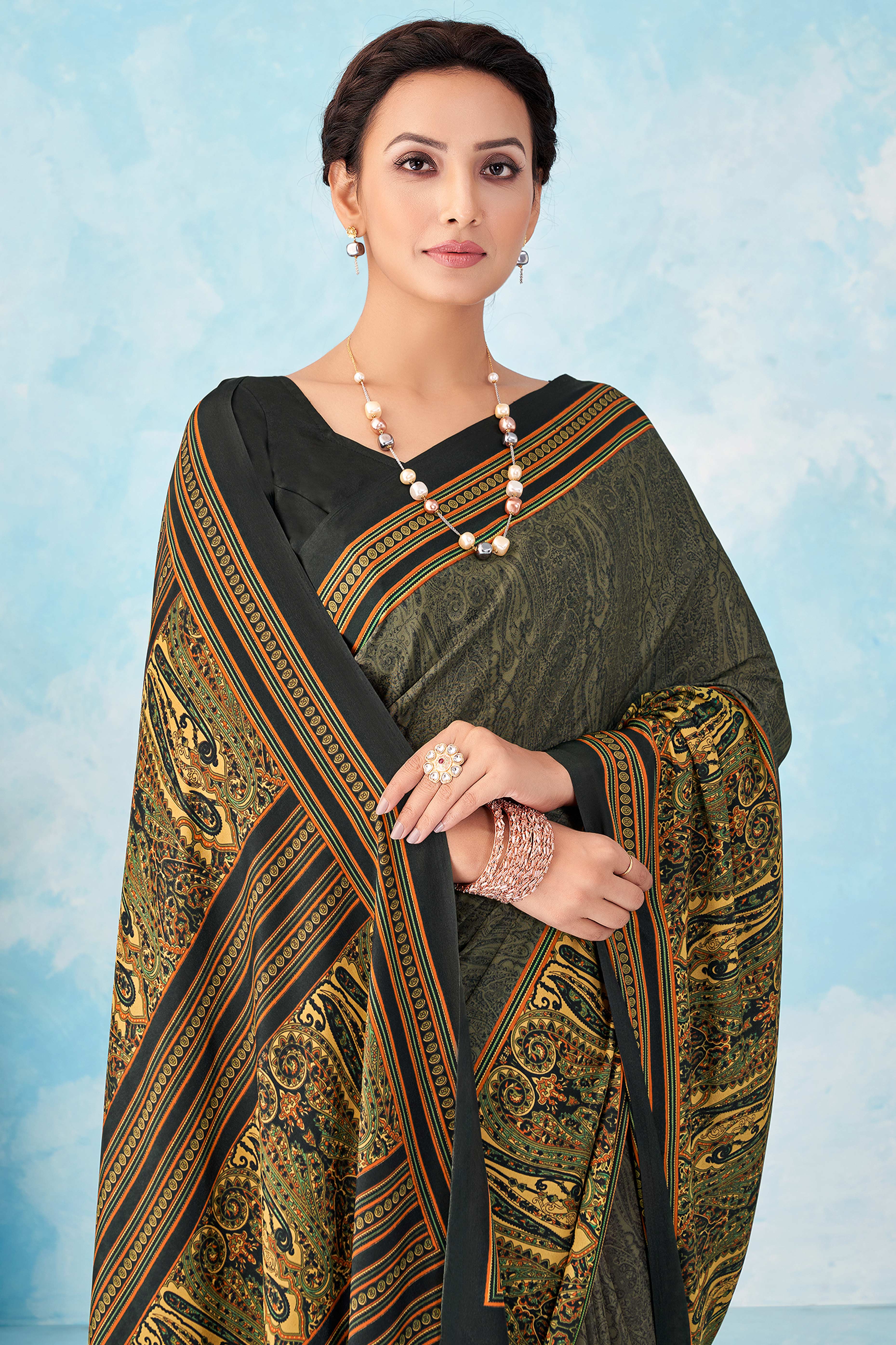Lightweight Olive Paisley Printed Saree in Luxurious Silk Crepe