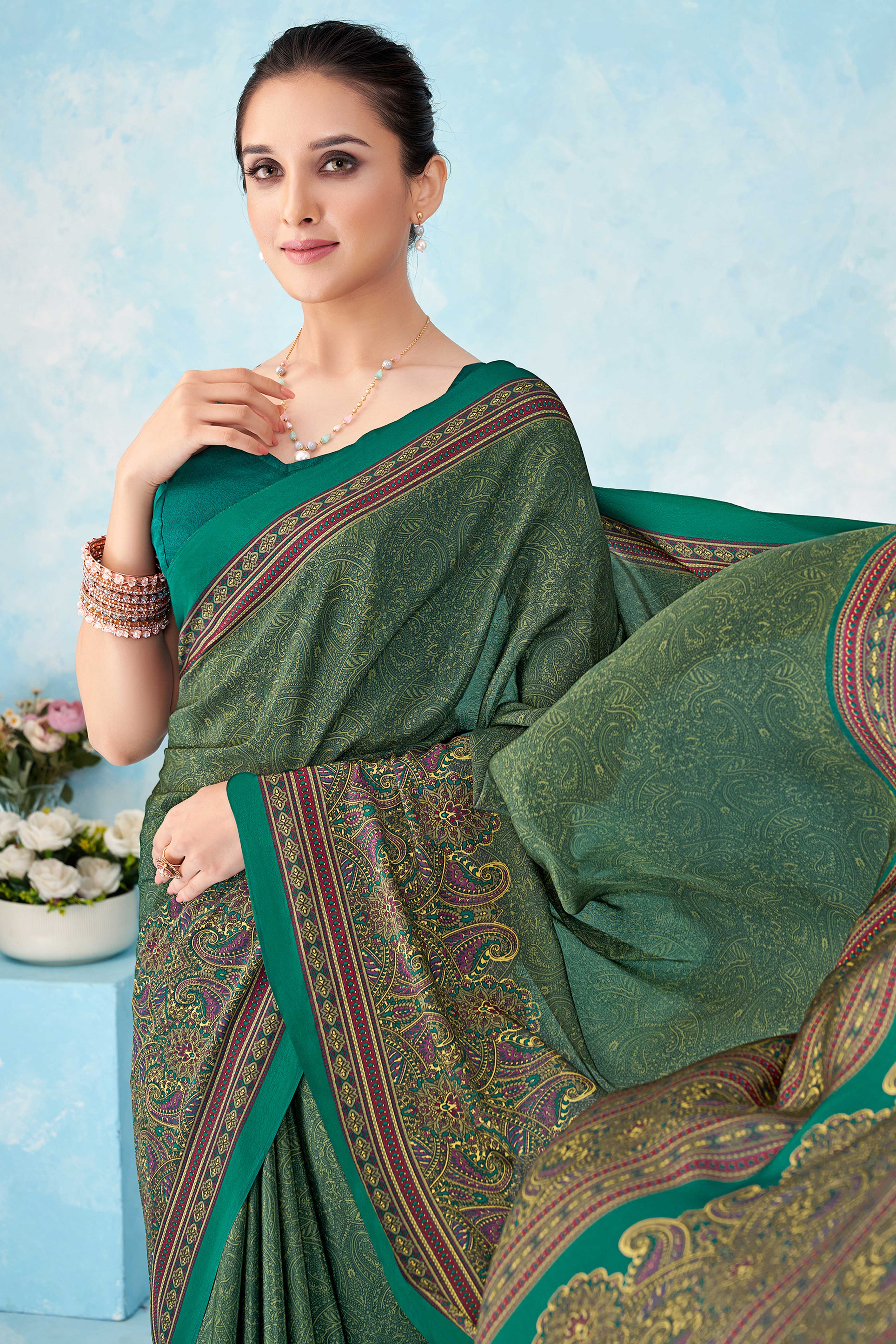 Lightweight Teal Green Paisley Printed Saree in Luxurious Silk Crepe