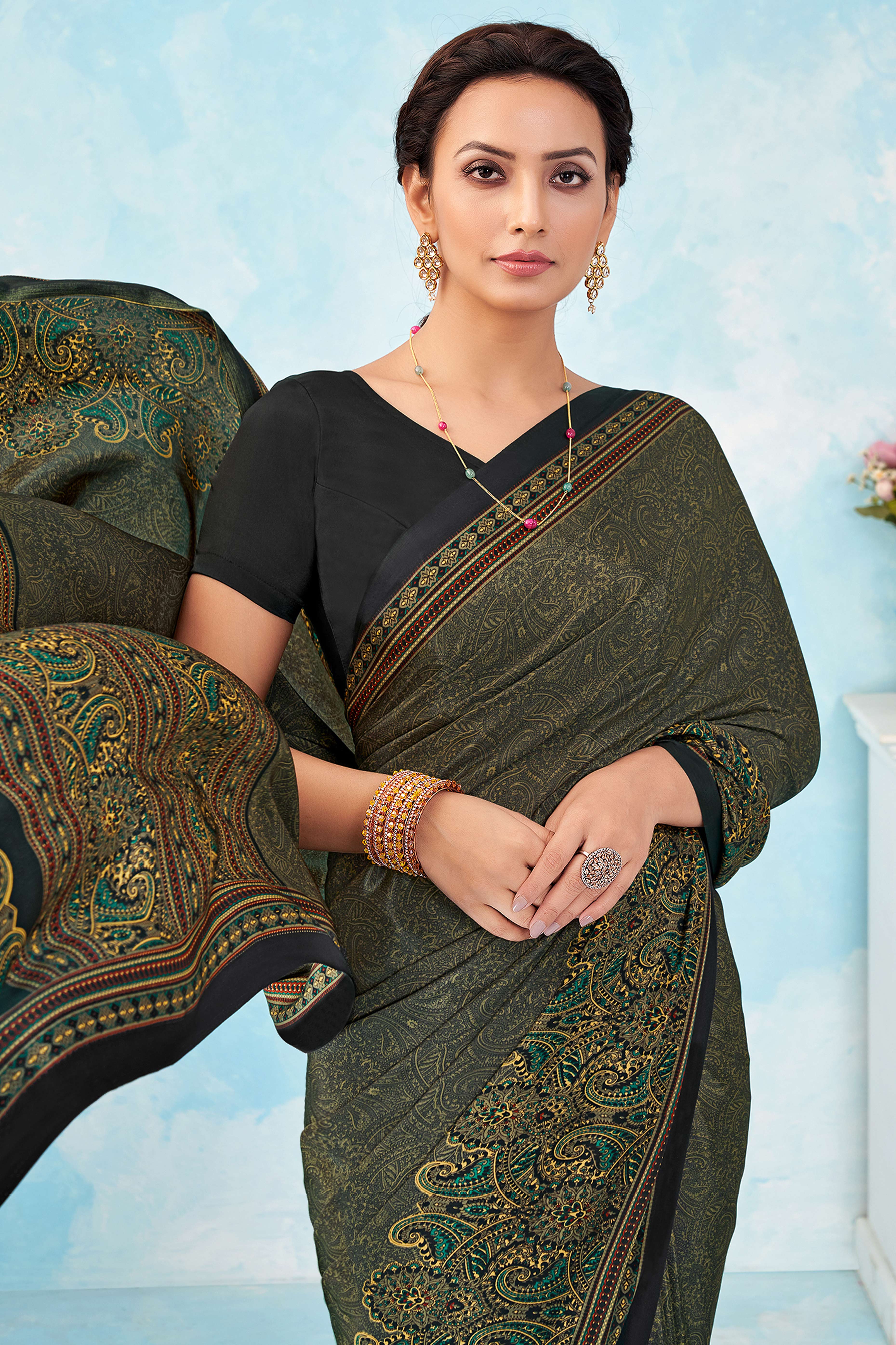 Lightweight Grey Paisley Printed Saree in Silk Crepe