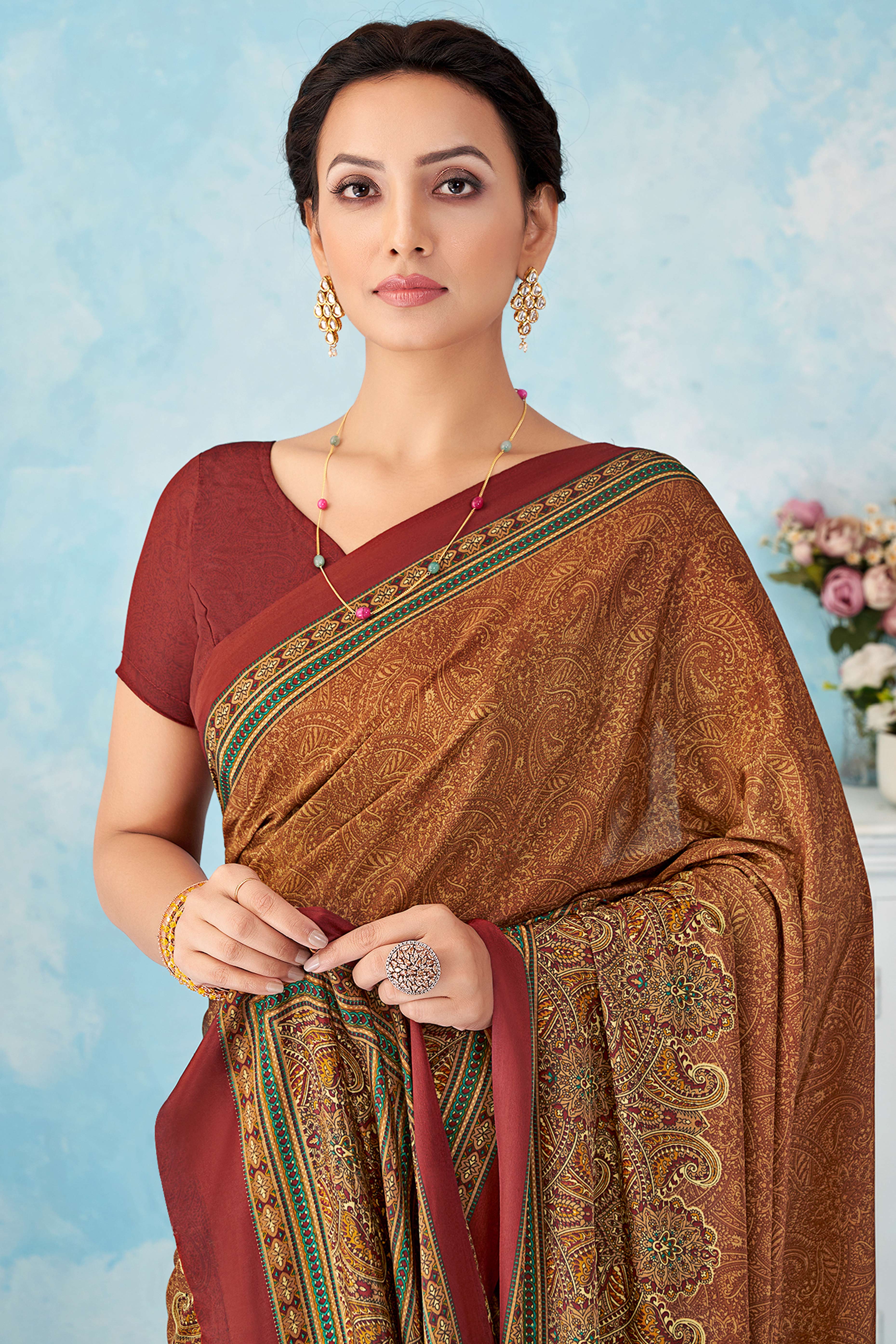 Lightweight Peach Paisley Printed Saree in Luxurious Silk Crepe