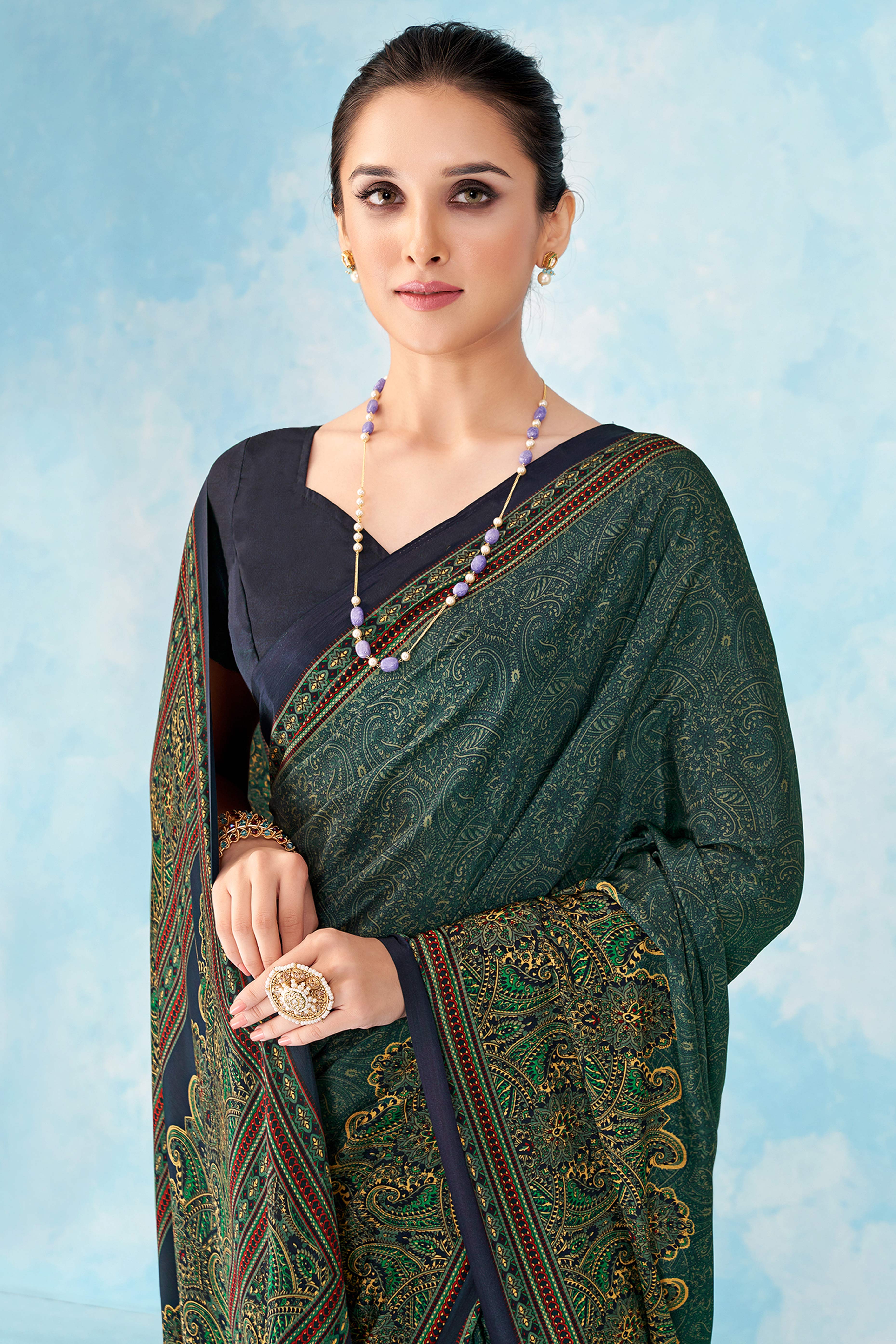Lightweight Greyish Blue Paisley Printed Saree in Luxurious Silk Crepe