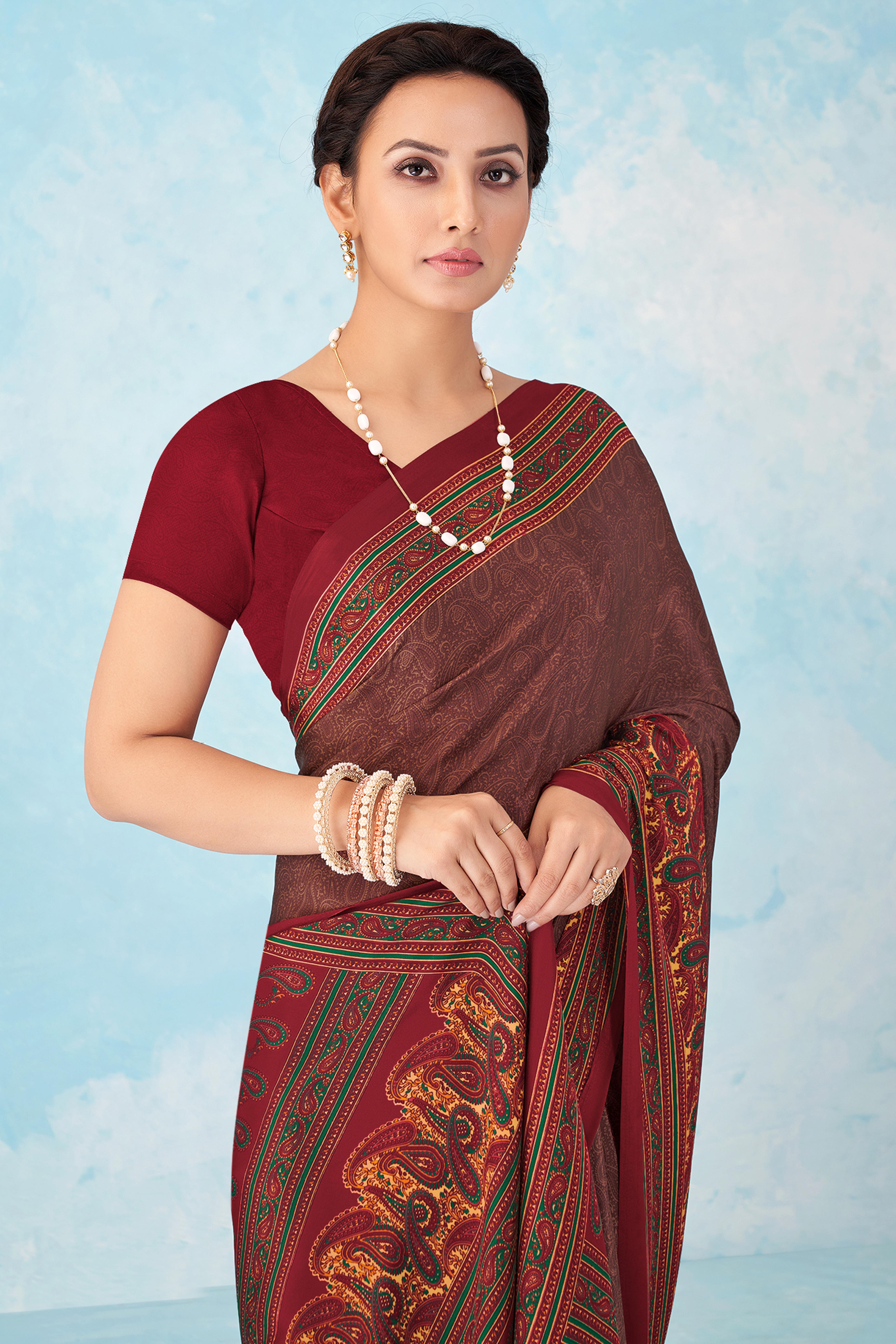 Lightweight Maroon Paisley Printed Saree in Luxurious Silk Crepe