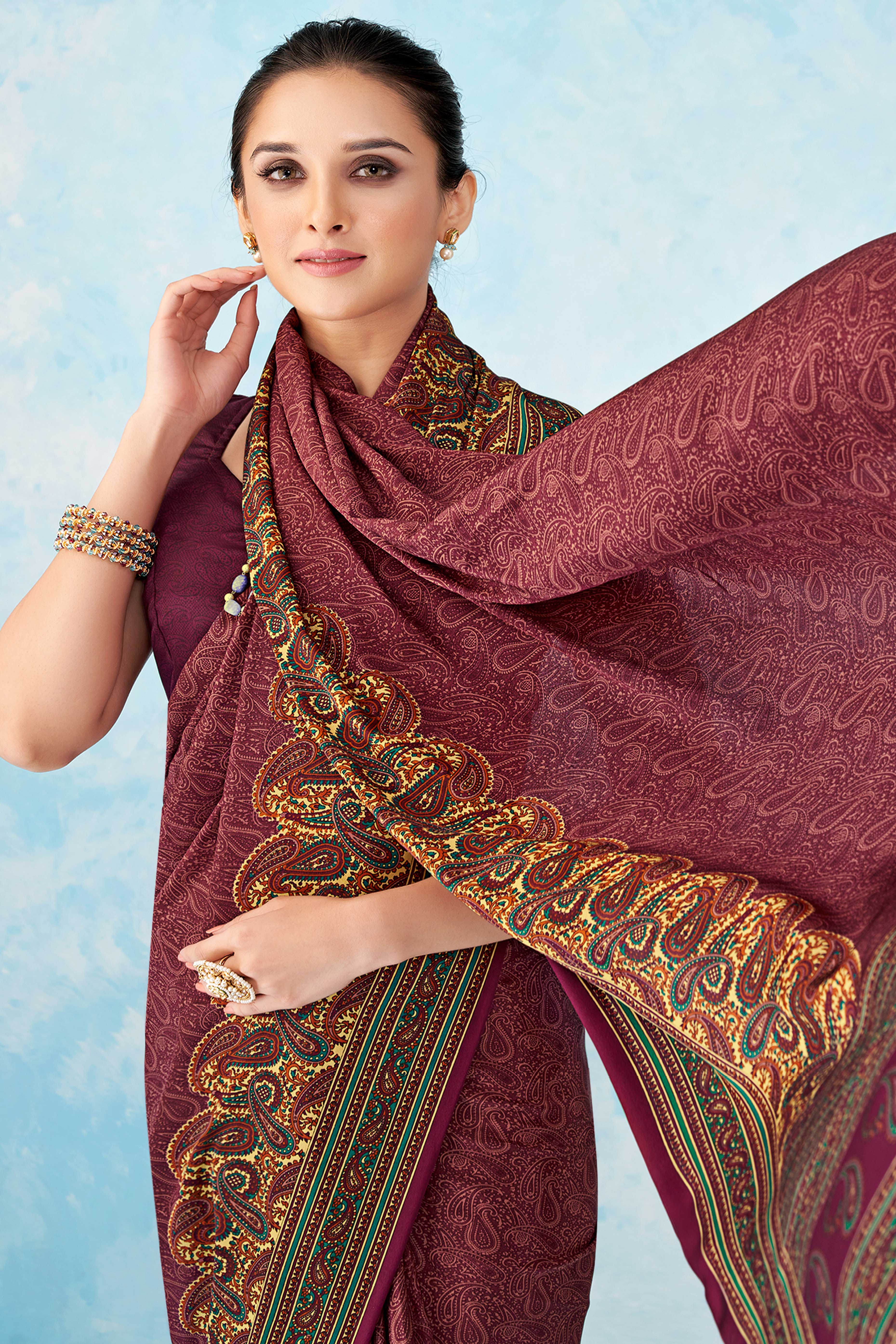 Lightweight Purple Paisley Printed Saree in Luxurious Silk Crepe