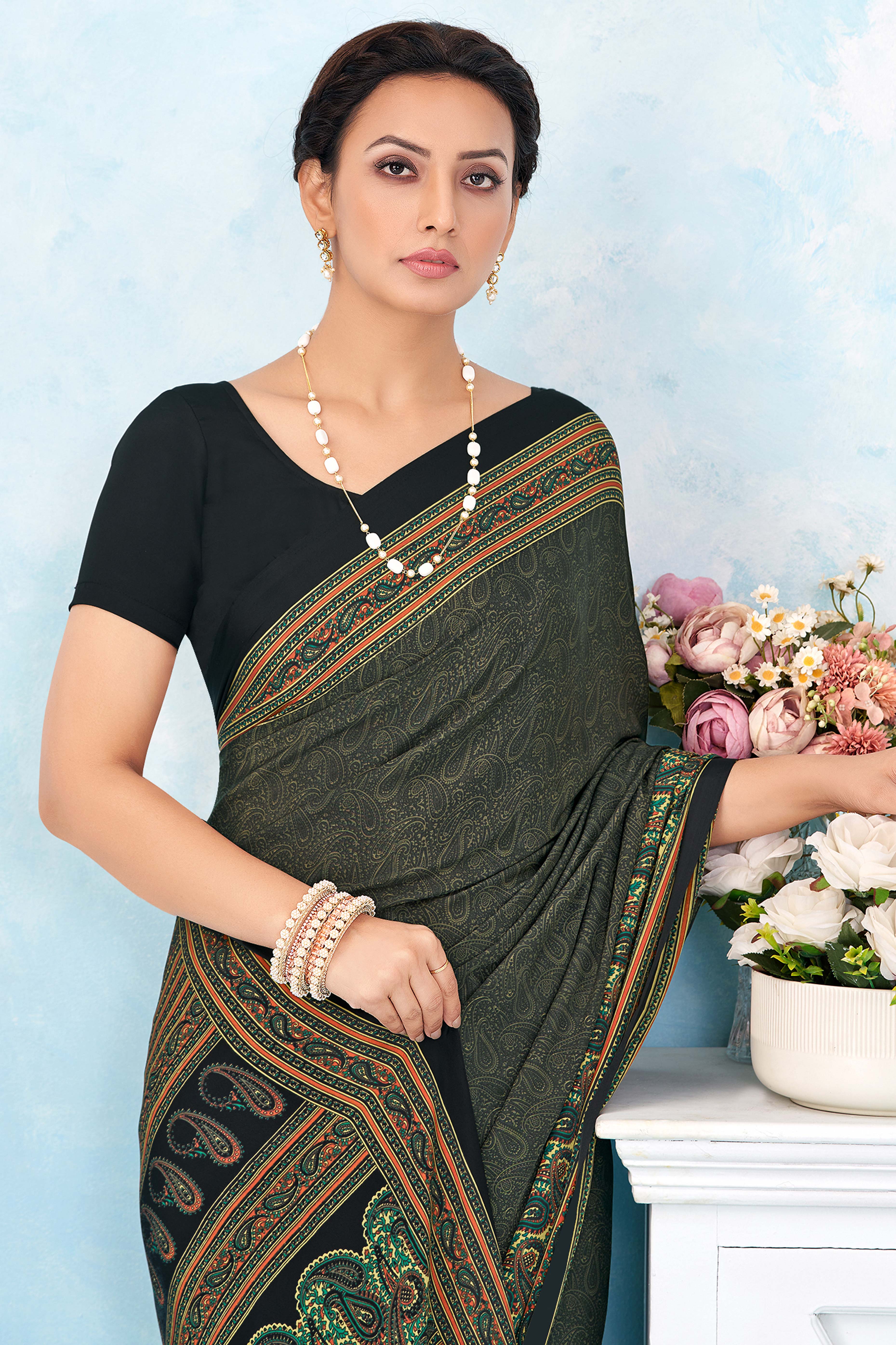 Lightweight Grey Paisley Printed Saree in Luxurious Silk Crepe