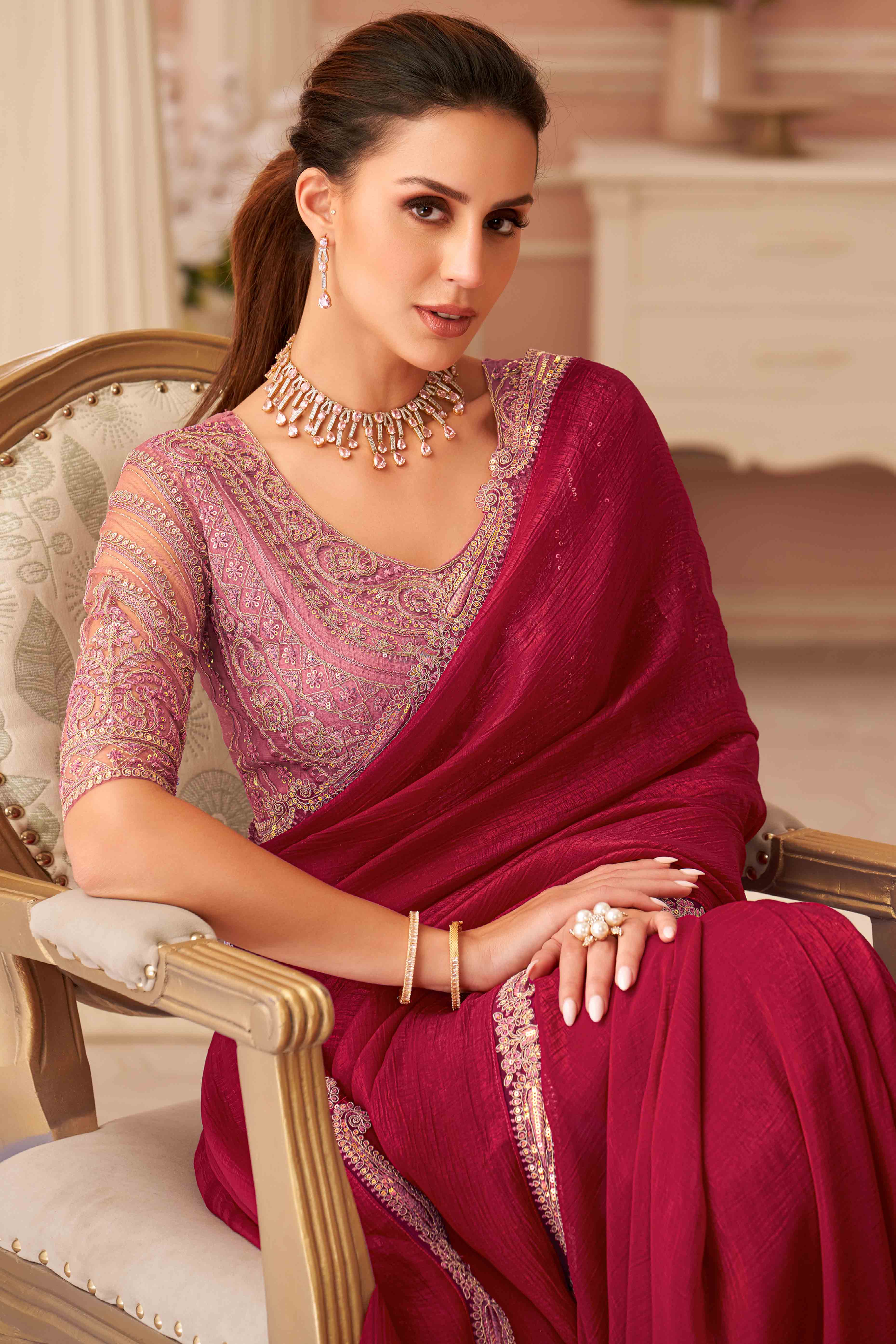 Rose Pink Sequins Embroidered Georgette Saree