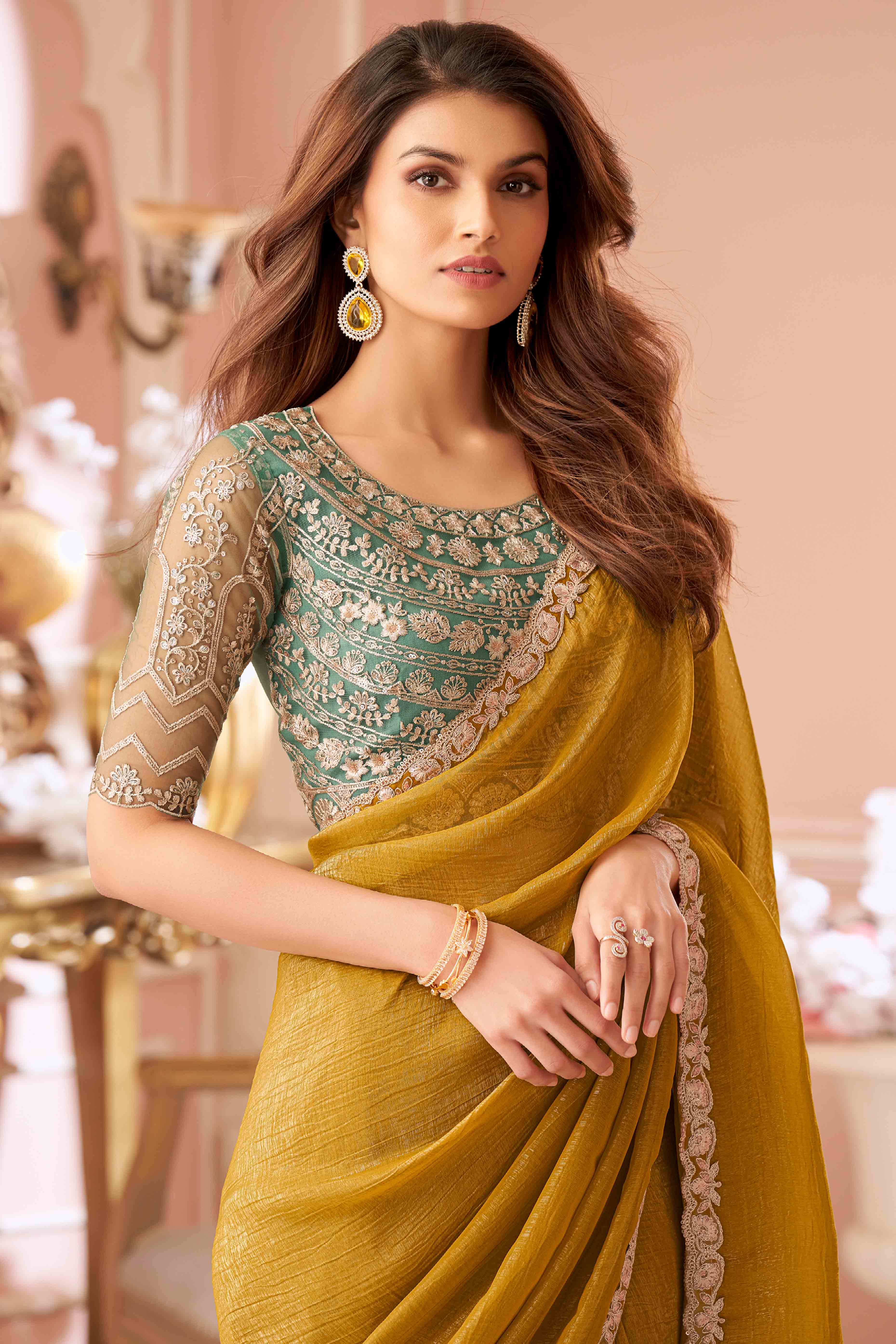 Mustard Sequins Embroidered Georgette Saree