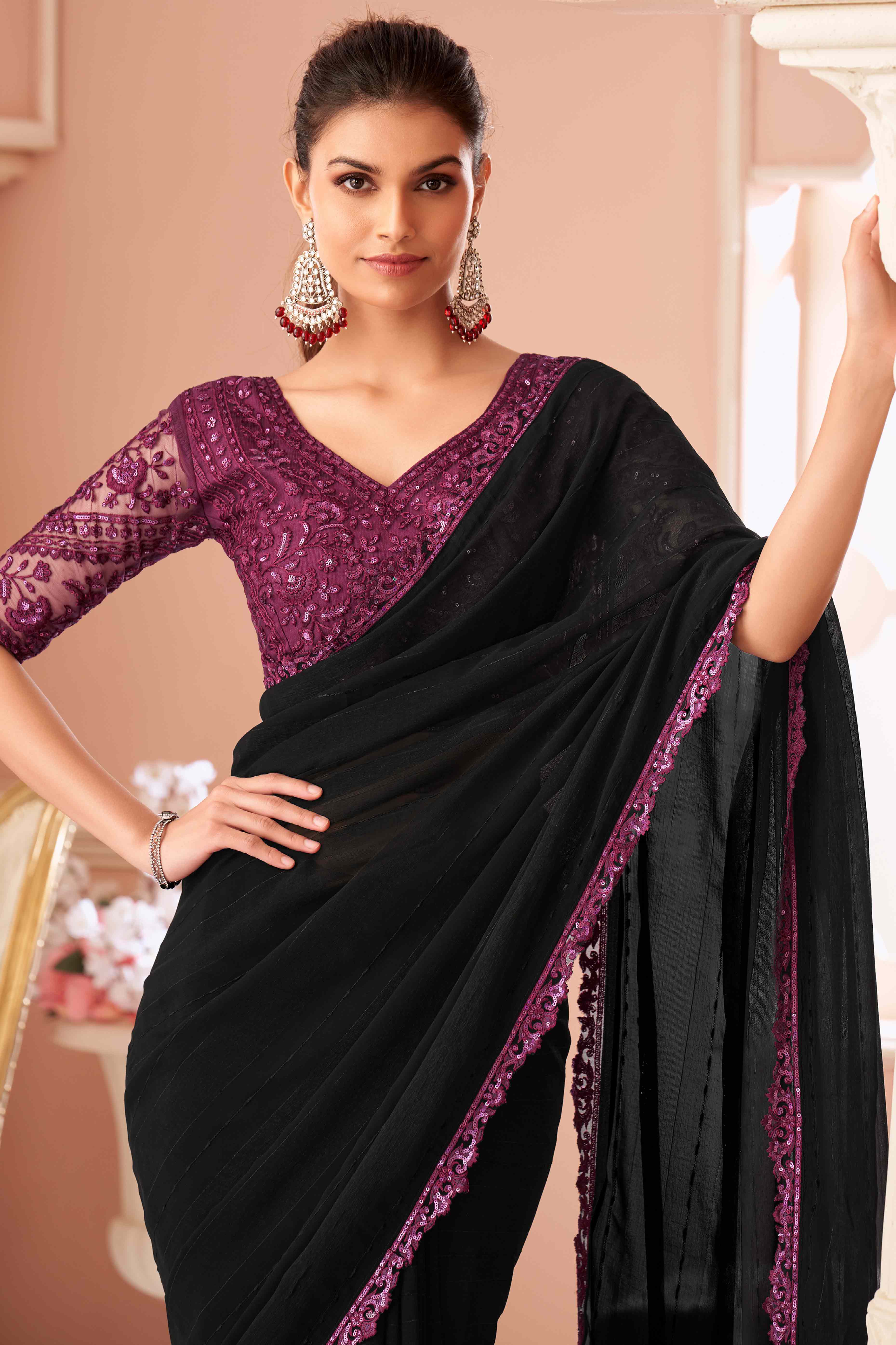 Black Sequins Embroidered Georgette Saree