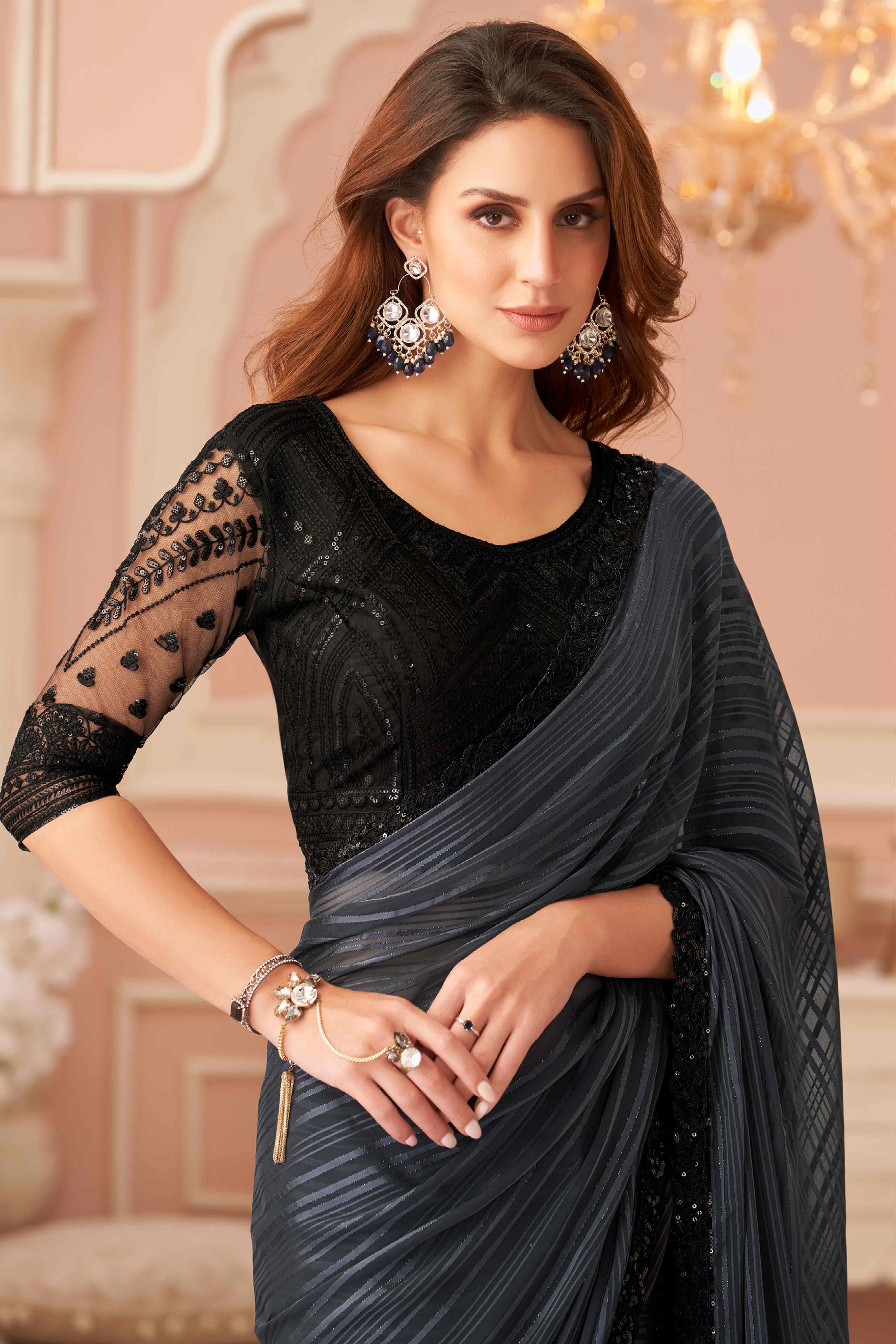 Grey Sequins Embroidered Georgette Saree