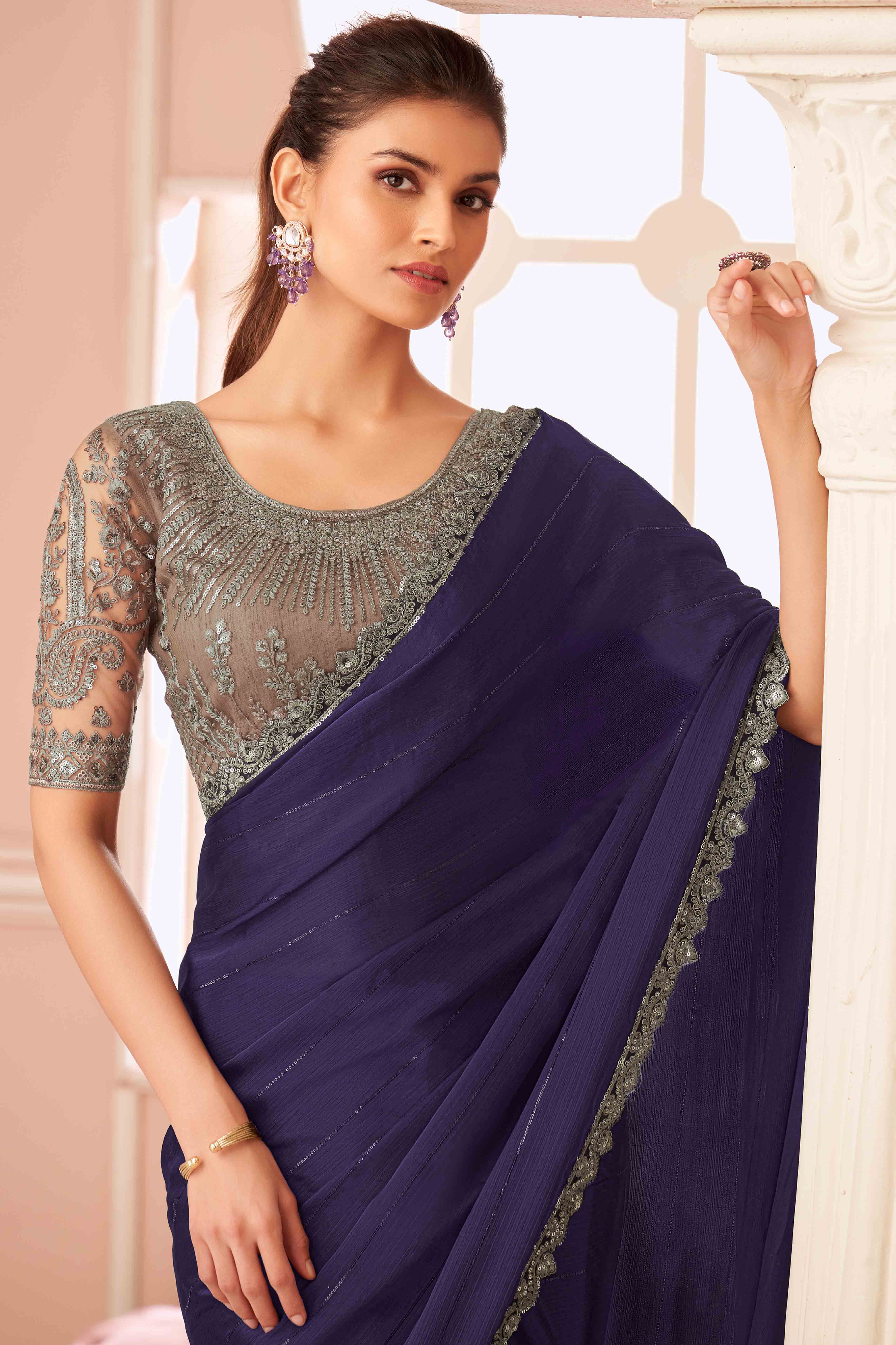Navy Blue Sequins Embroidered Satin Saree