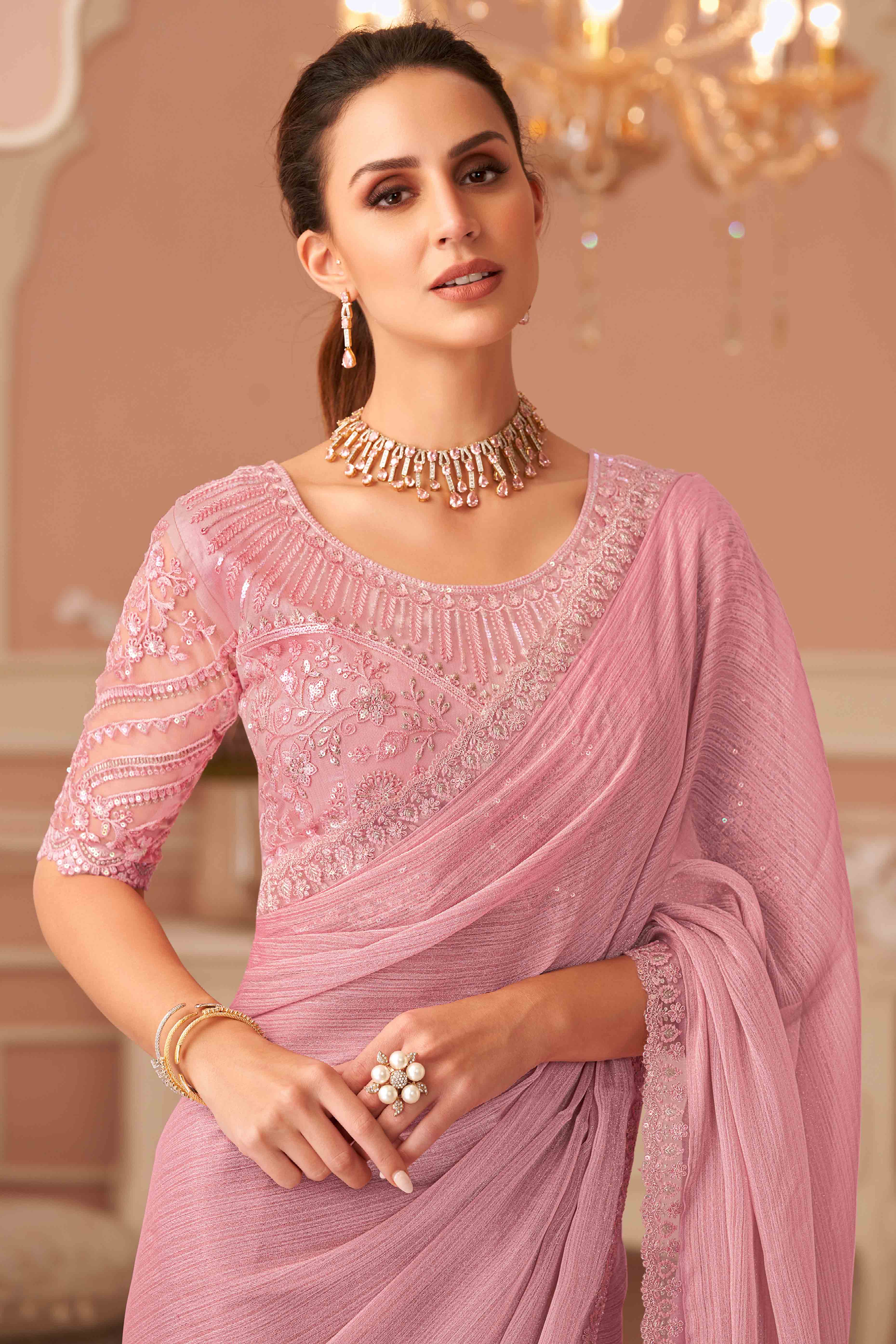 Pink Sequins Embroidered Georgette Saree